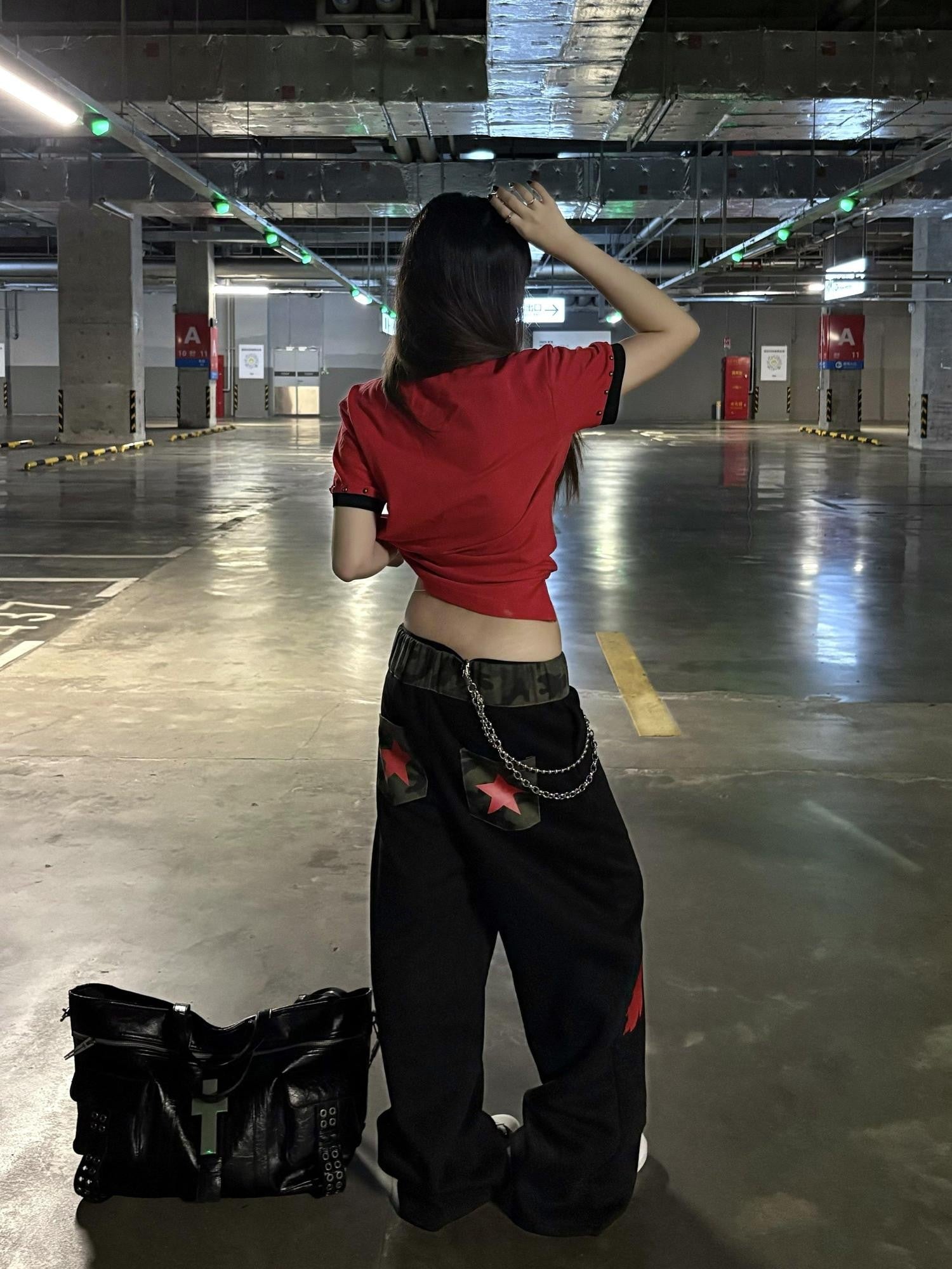 DETW onLine Black Camo Contrast Embroidery Baggy Women&