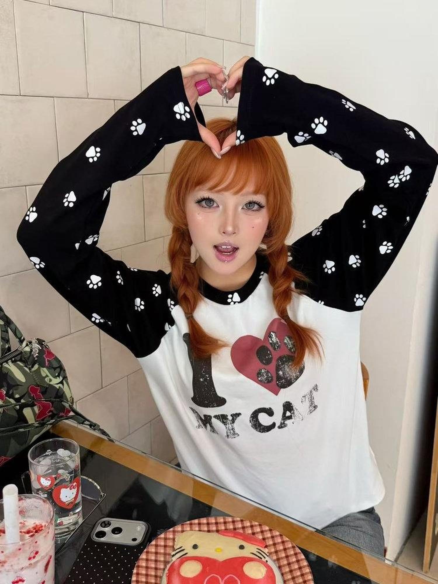 DETW onLine Black Grey Heart Cat Print Spliced Women&