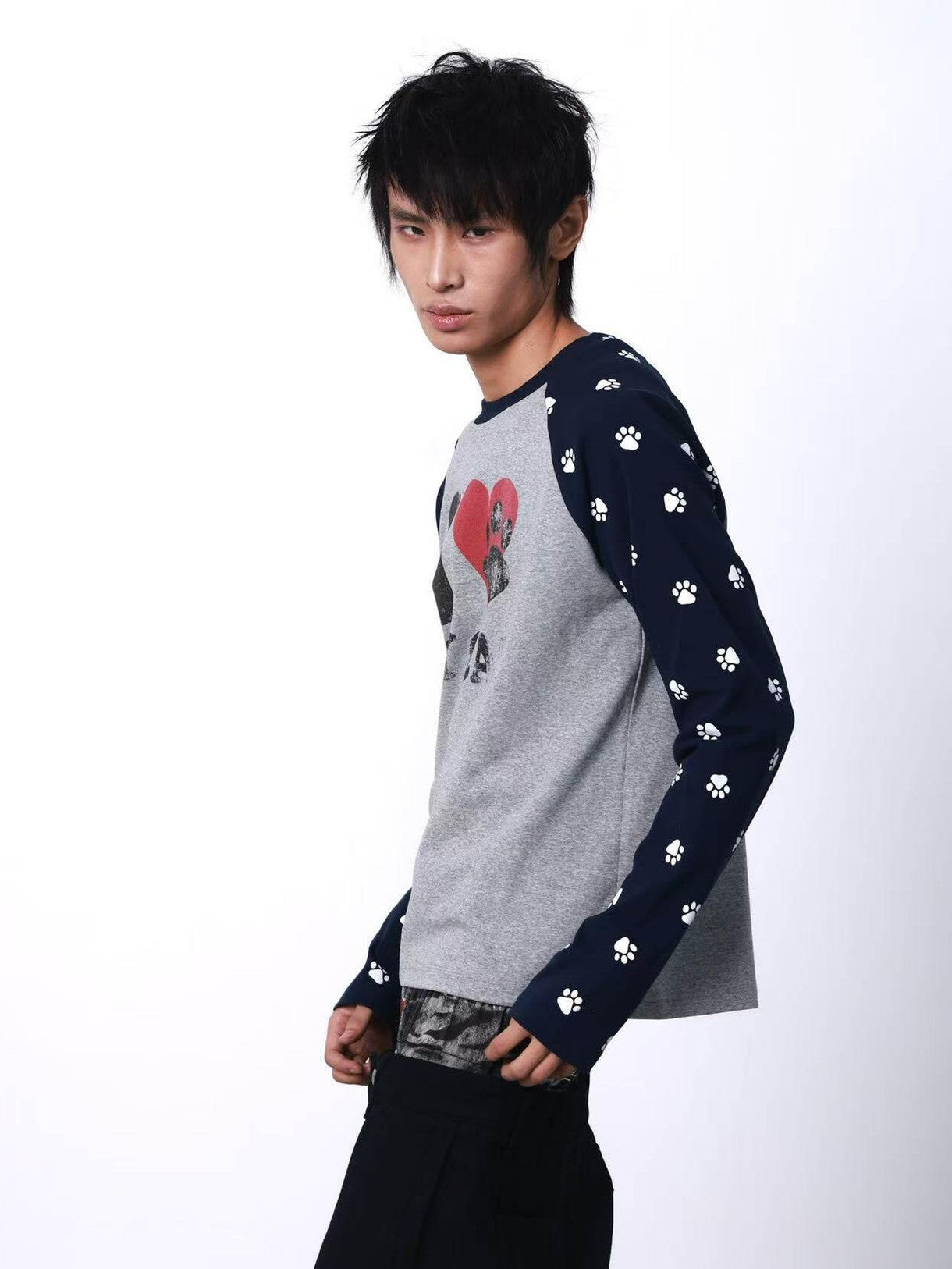 DETW onLine Black Grey Heart Cat Print Spliced Women&