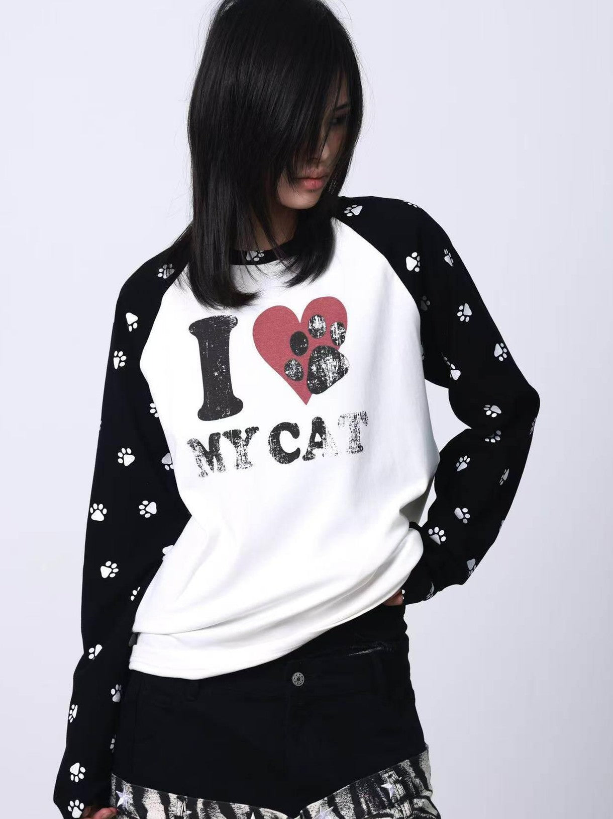 DETW onLine Black Grey Heart Cat Print Spliced Women&