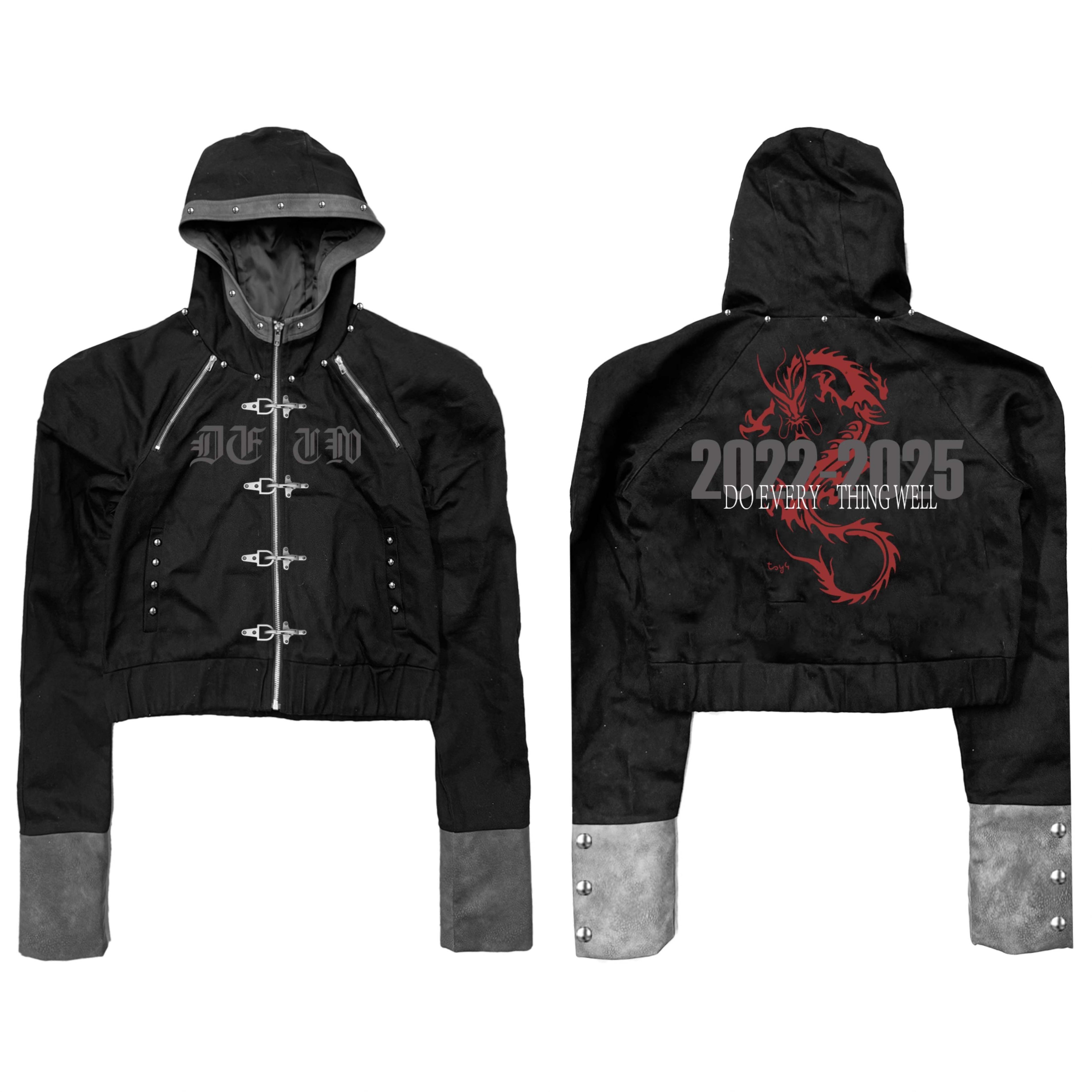 DETW_onLine_Black_Patchwork_Metal_Buckle_Rivet_Zip_Hooded_Women&