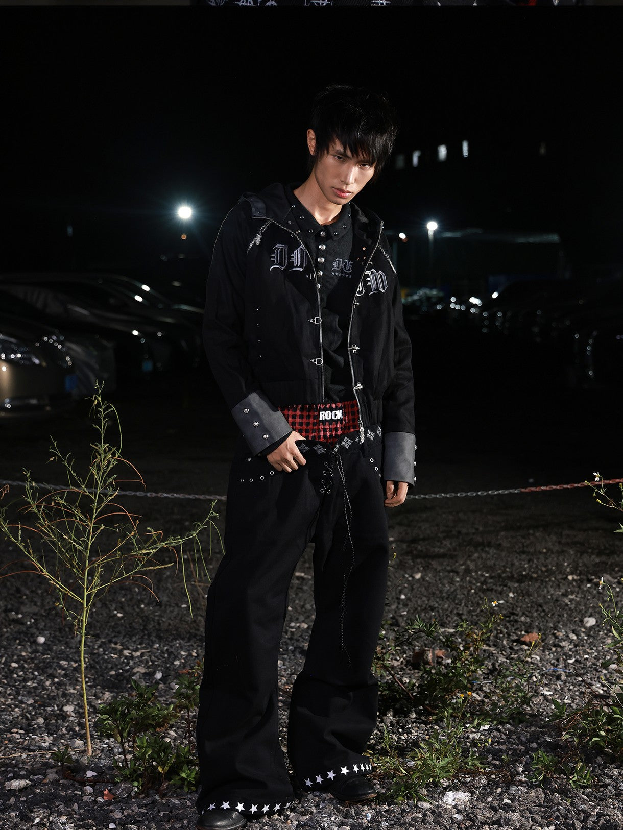 DETW onLine Black Patchwork Metal Buckle Rivet Zip Hooded Women&