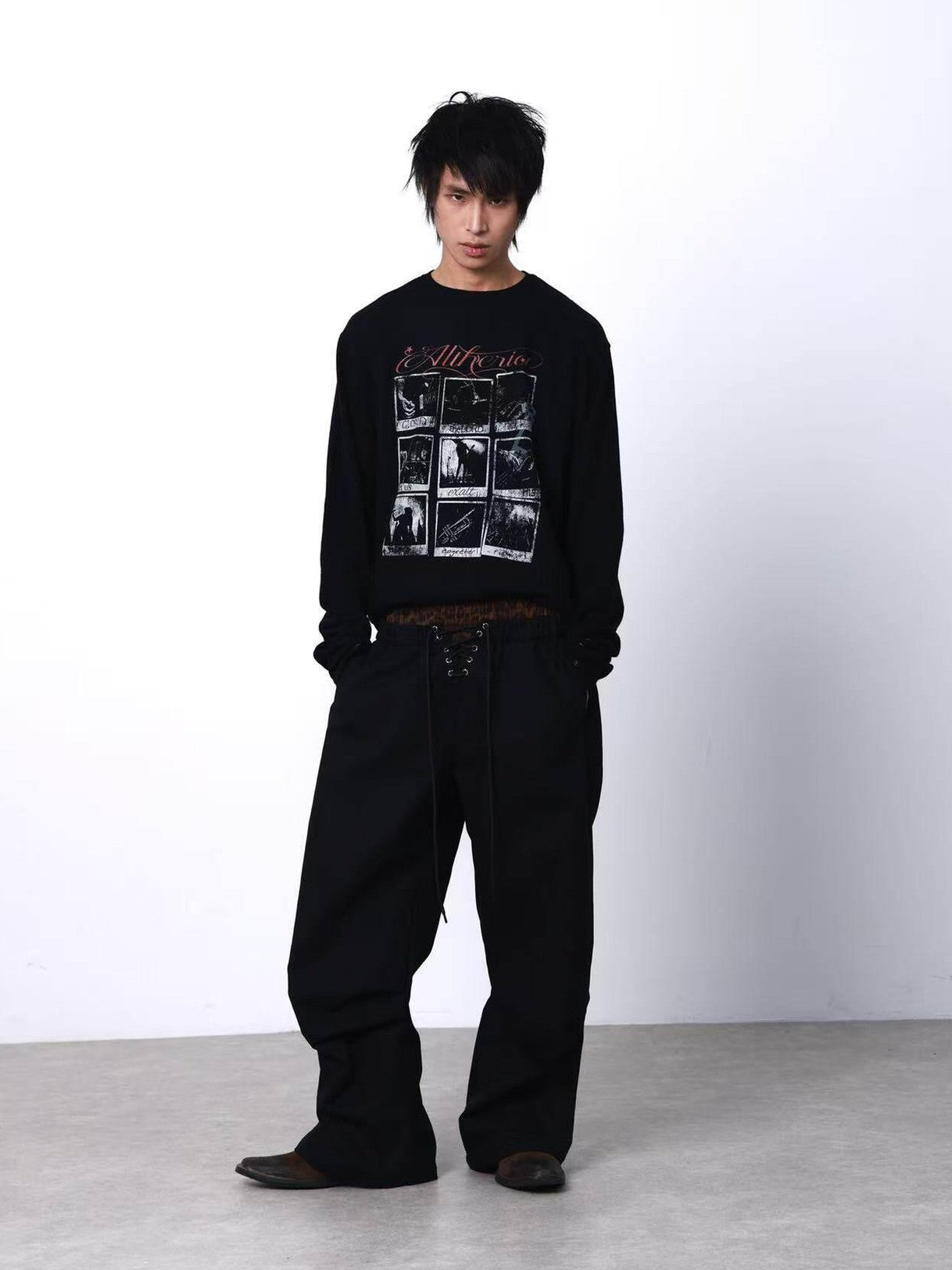 DETW onLine Black Portrait Grid Slogan Print Dark Punk Embroidered Women&