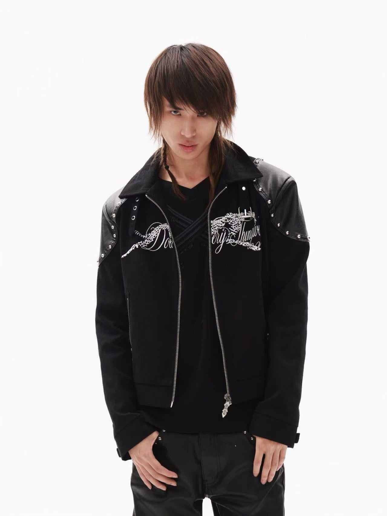 DETW onLine Black Rivet Hotfix Embroidery Stand Collar Women&