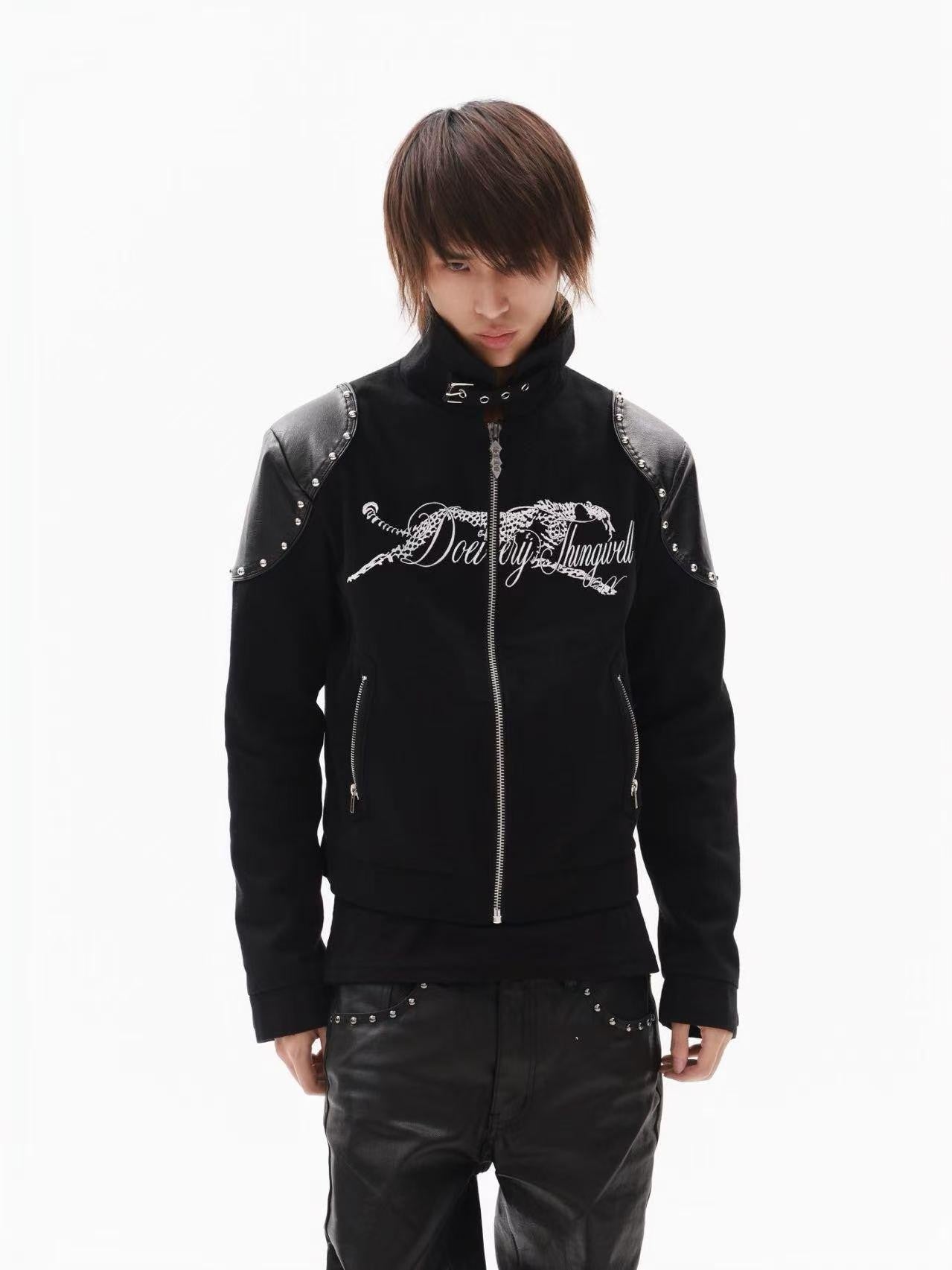 DETW onLine Black Rivet Hotfix Embroidery Stand Collar Women&