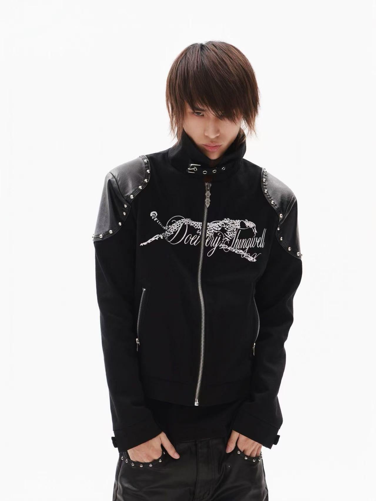DETW onLine Black Rivet Hotfix Embroidery Stand Collar Women&