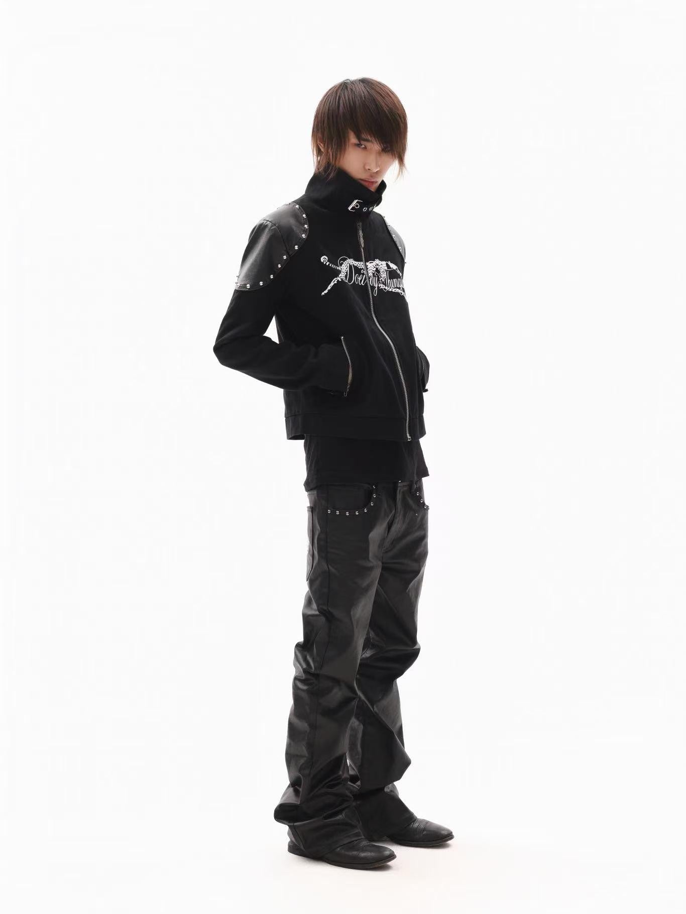 DETW onLine Black Rivet Hotfix Embroidery Stand Collar Women&