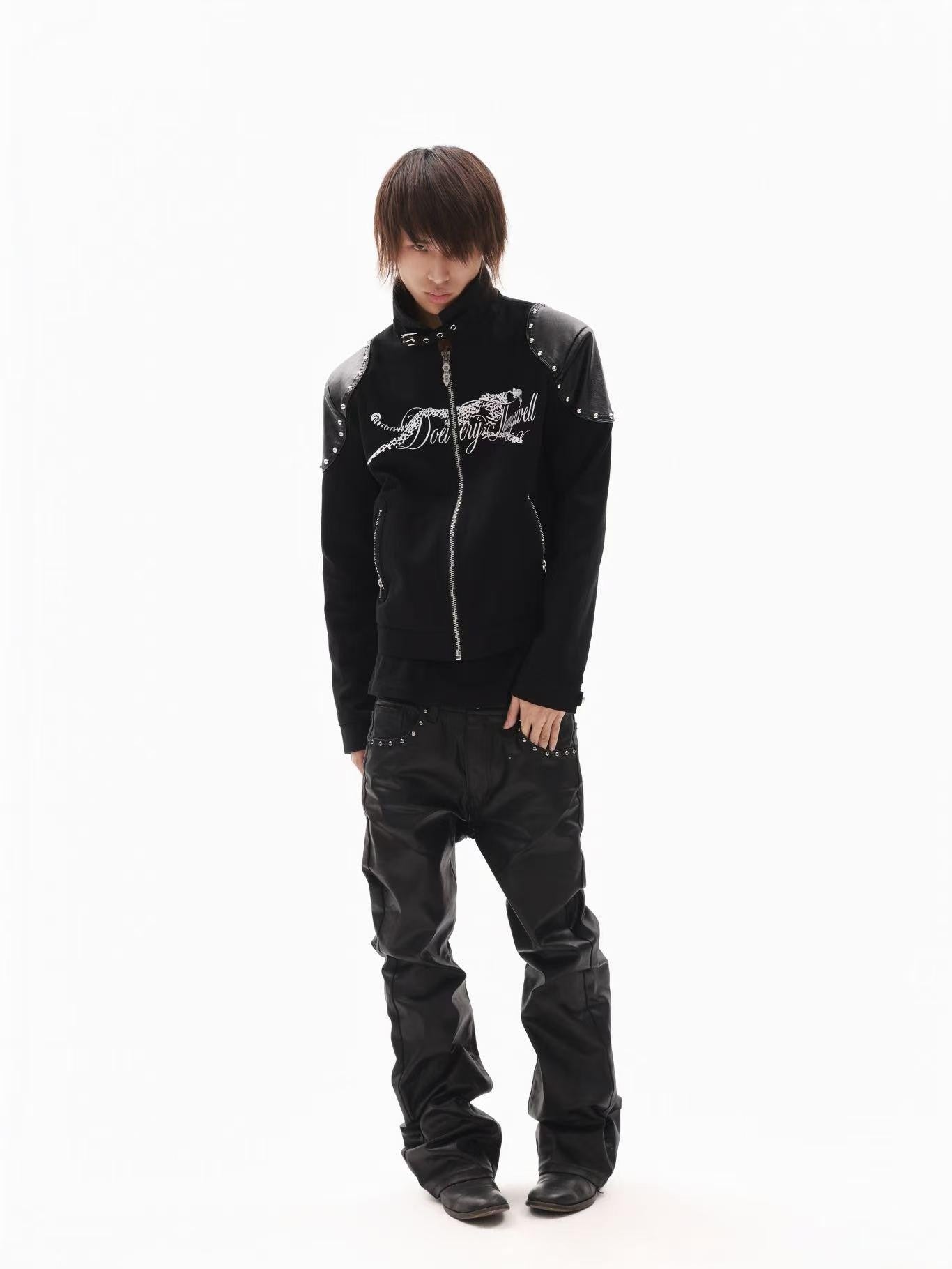 DETW onLine Black Rivet Hotfix Embroidery Stand Collar Women&