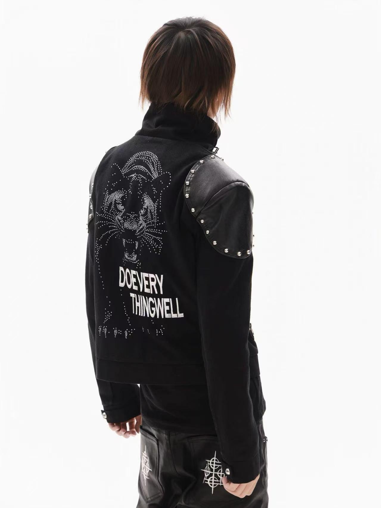 DETW onLine Black Rivet Hotfix Embroidery Stand Collar Women&