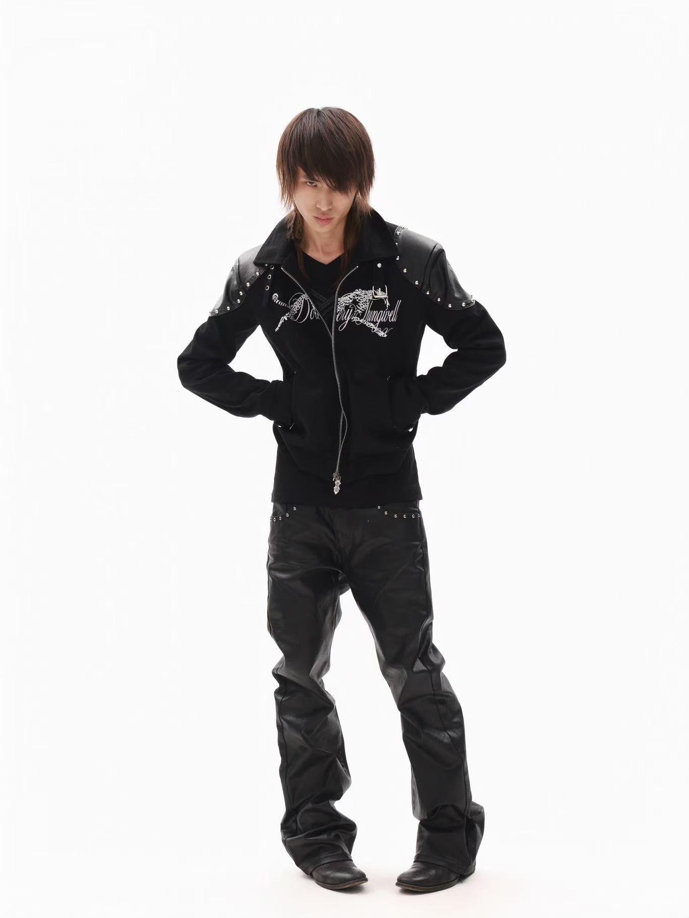 DETW onLine Black Rivet Hotfix Embroidery Stand Collar Women&