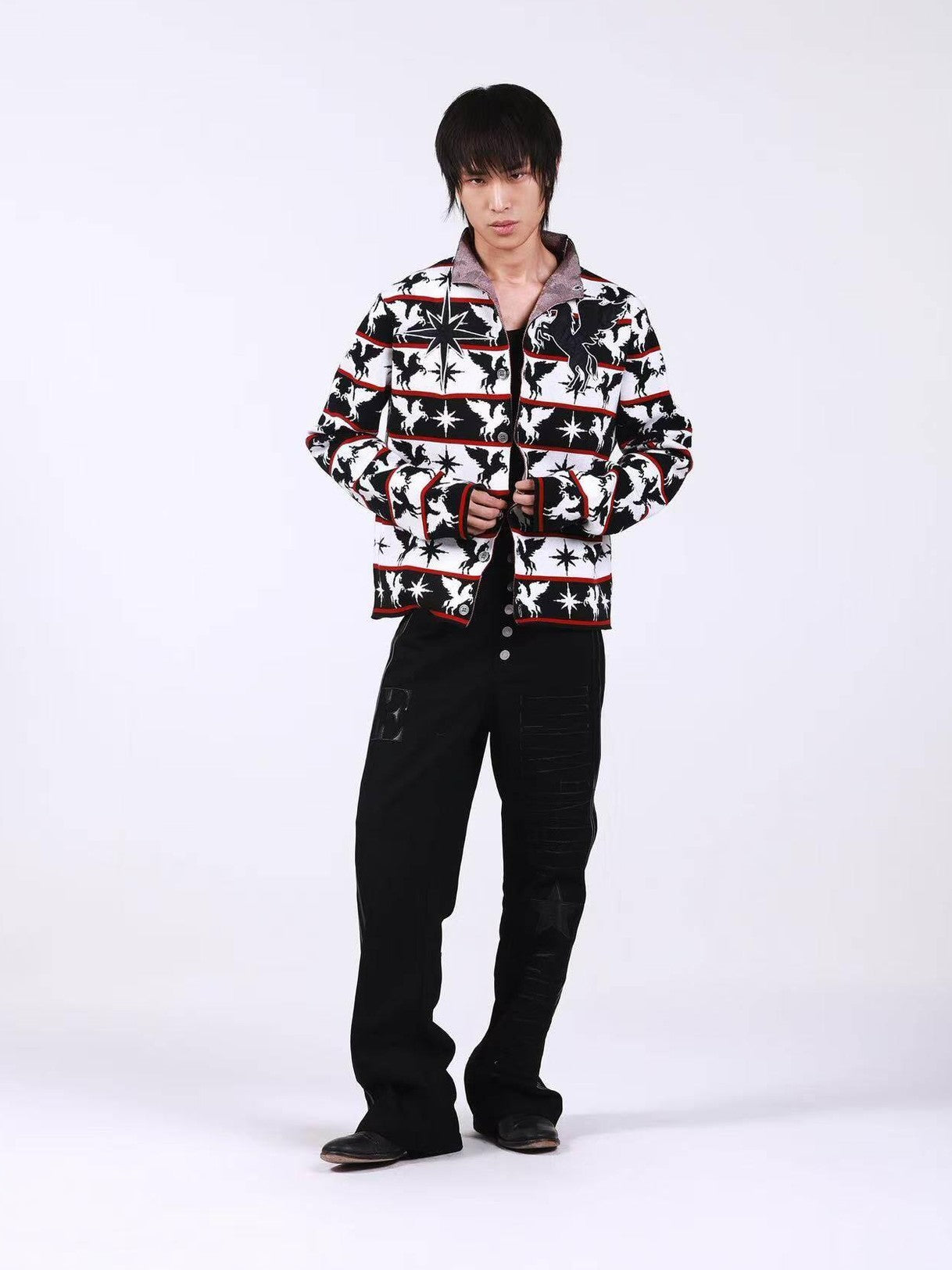 DETW onLine Black White Pegasus Starry Animal Knit Stand Collar Women&