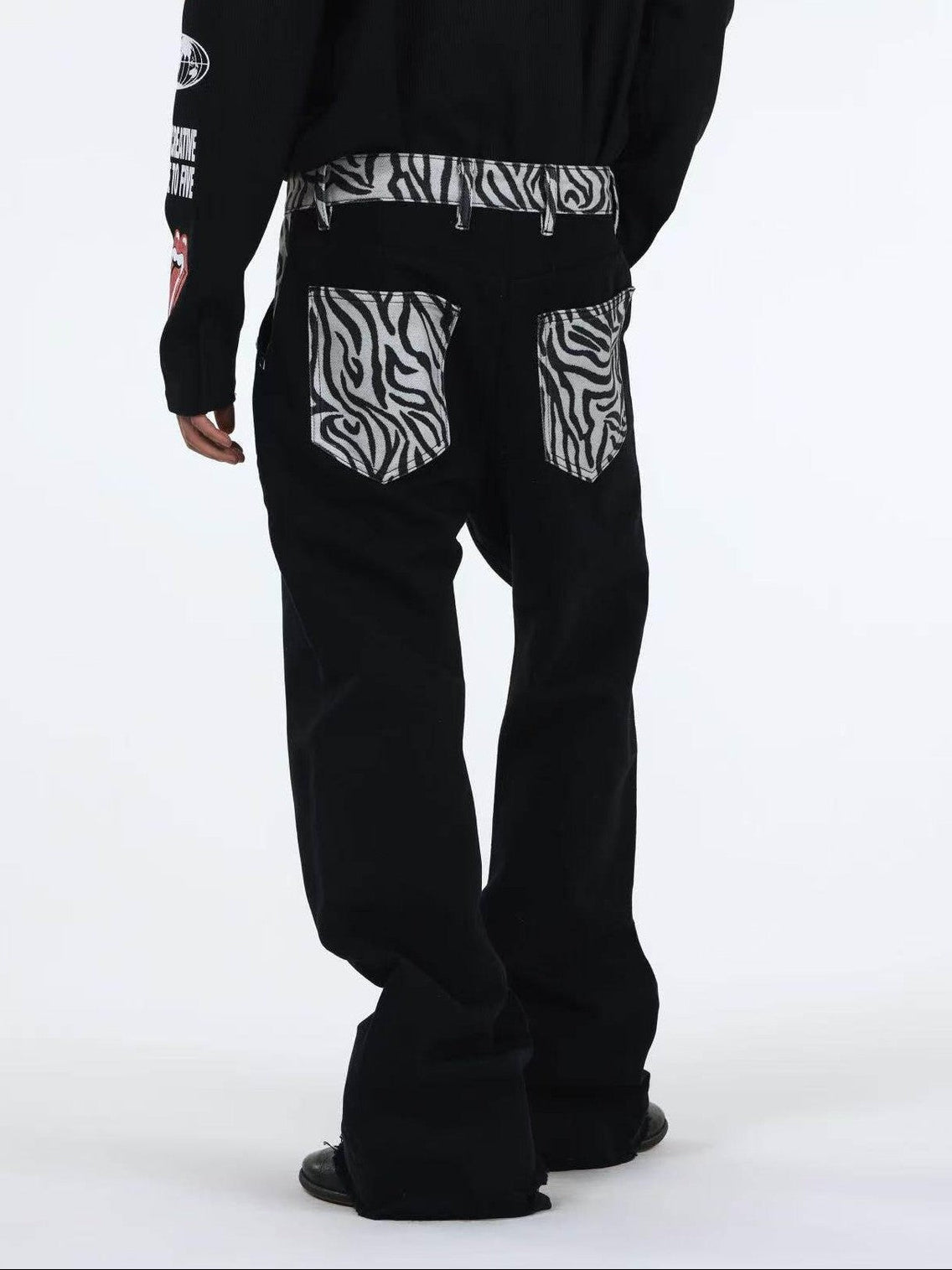 DETW onLine Black Zebra Print Patchwork Contrast Layered Curved Women&