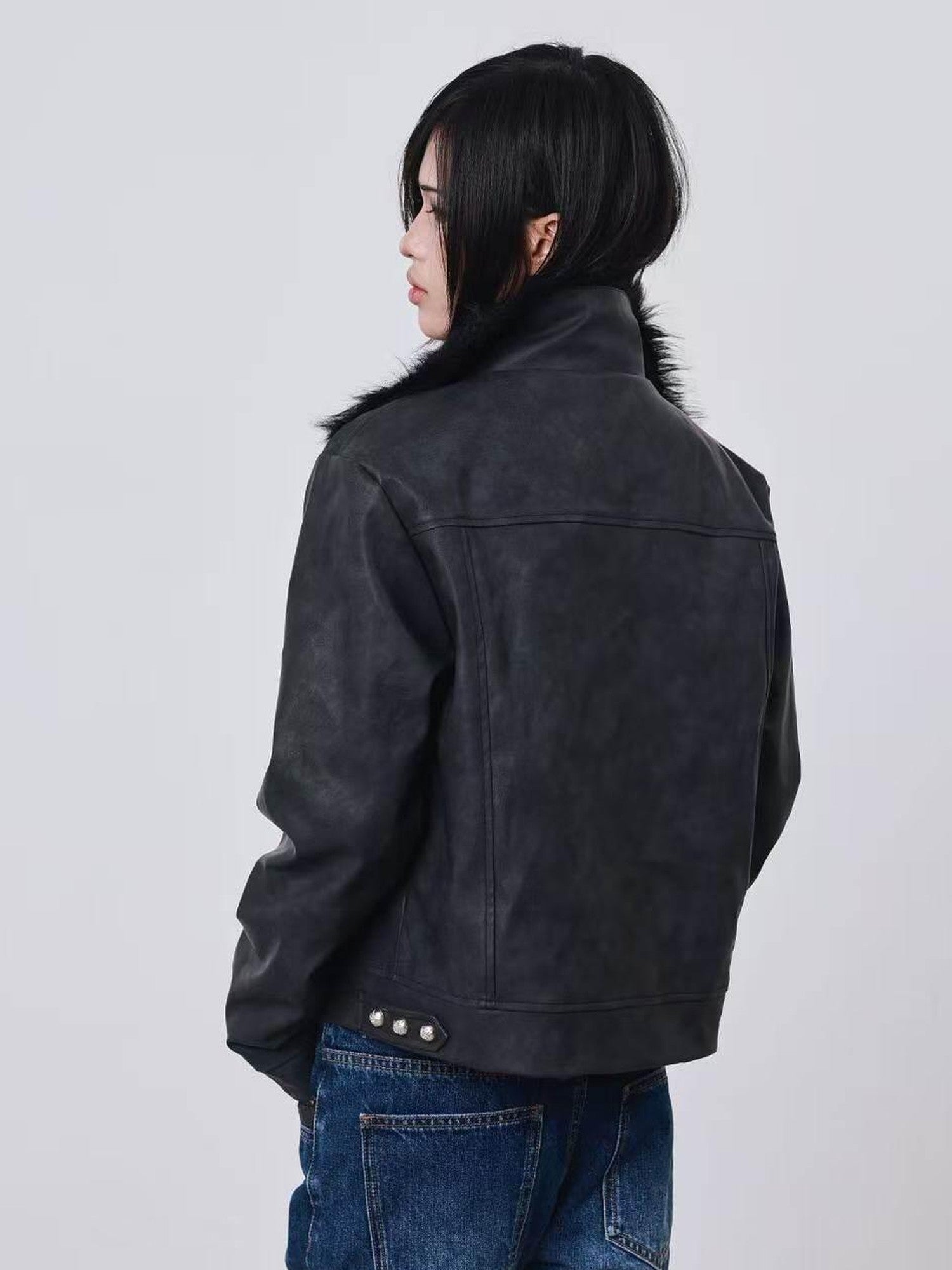 DETW onLine Distressed Washed Patchwork Metal Buckle Fur Collar Women&
