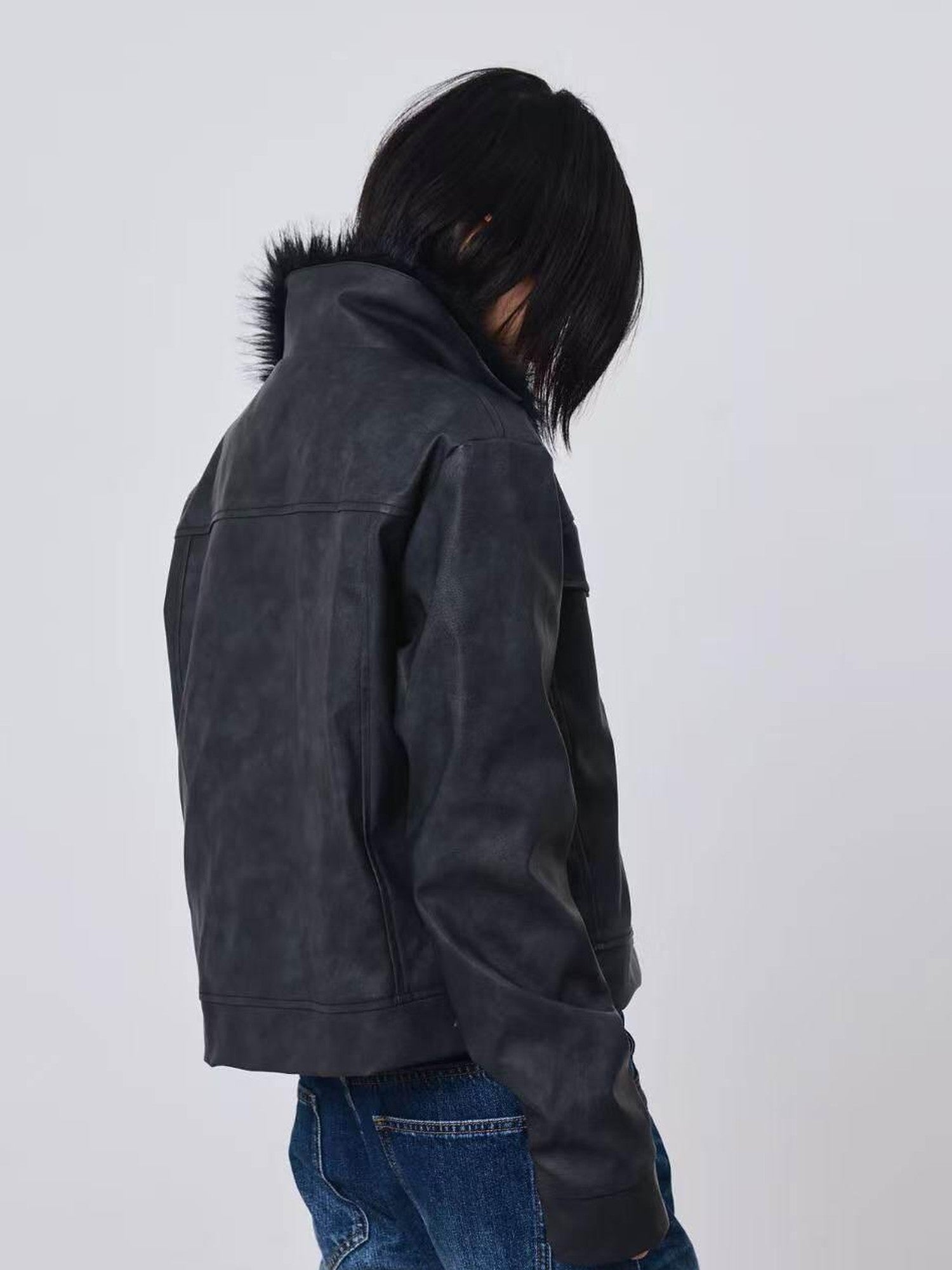 DETW onLine Distressed Washed Patchwork Metal Buckle Fur Collar Women&