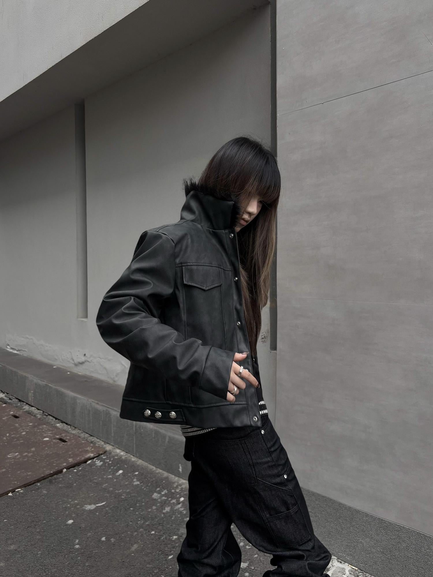 DETW onLine Distressed Washed Patchwork Metal Buckle Fur Collar Women&