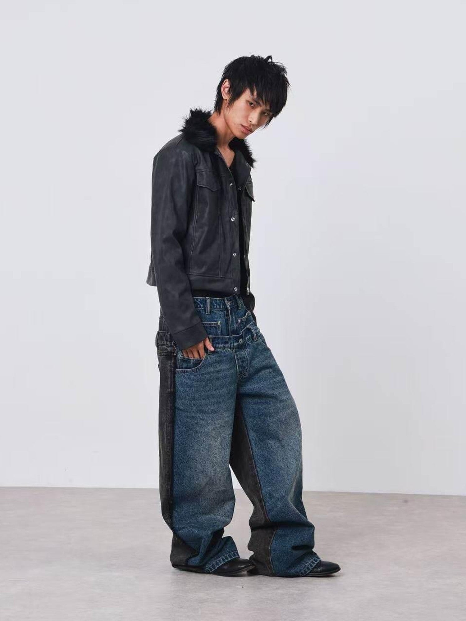 DETW onLine Distressed Washed Patchwork Metal Buckle Fur Collar Women&