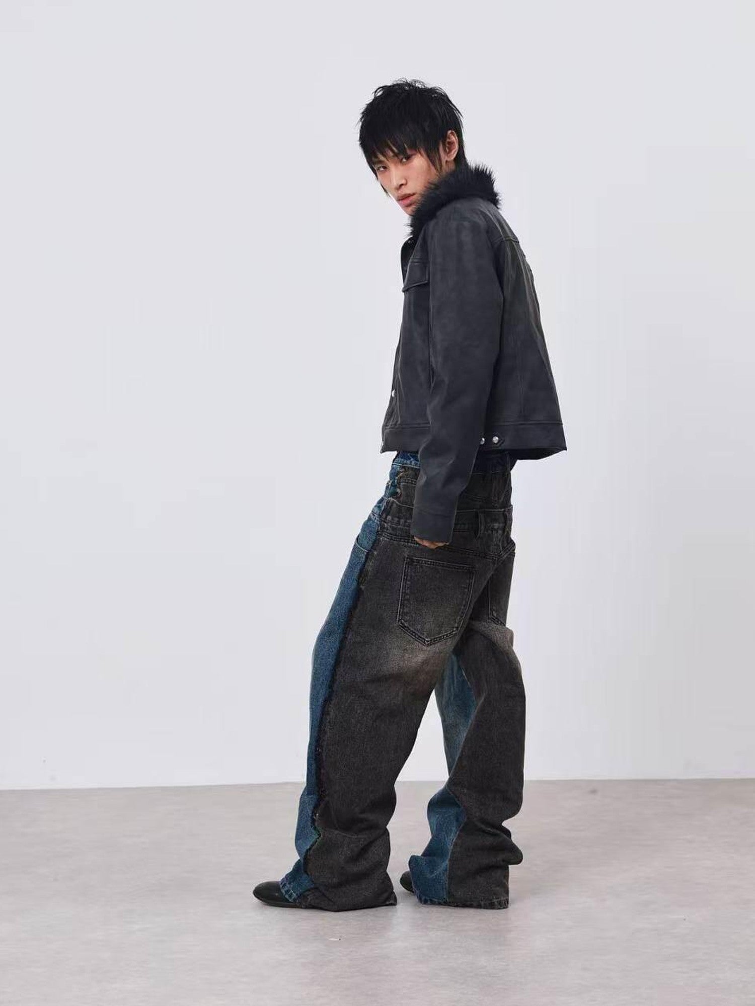 DETW onLine Distressed Washed Patchwork Metal Buckle Fur Collar Women&