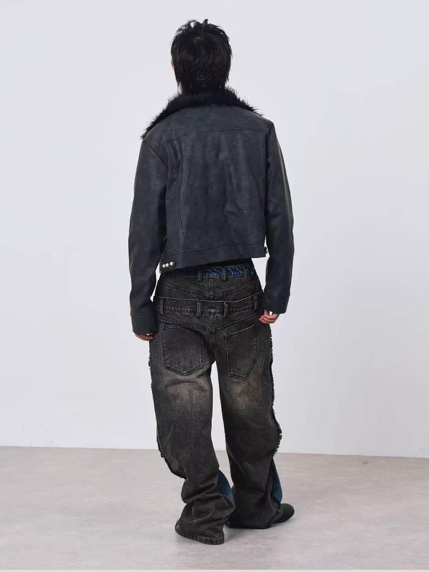 DETW onLine Distressed Washed Patchwork Metal Buckle Fur Collar Women&