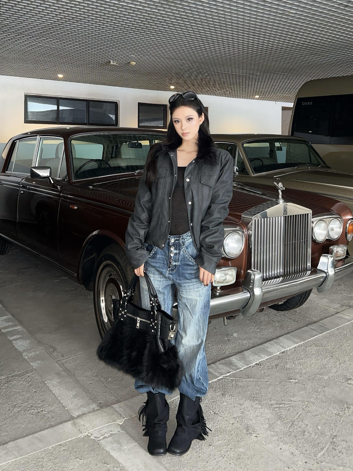 DETW onLine Distressed Washed Patchwork Metal Buckle Fur Collar Women&