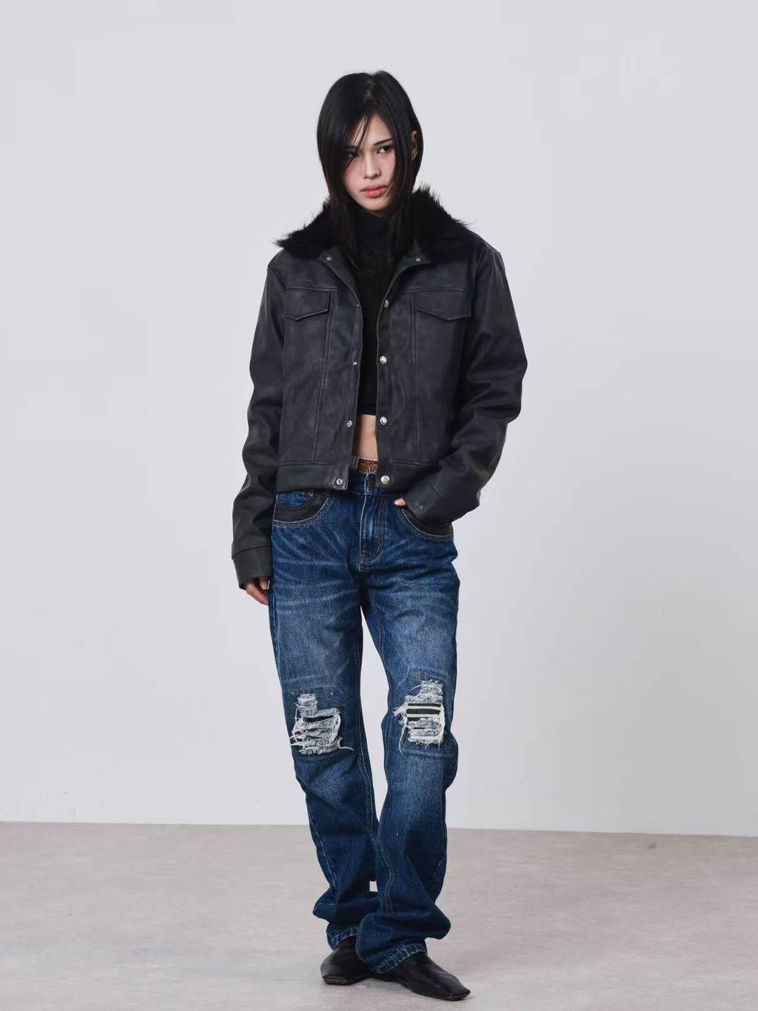 DETW onLine Distressed Washed Patchwork Metal Buckle Fur Collar Women&