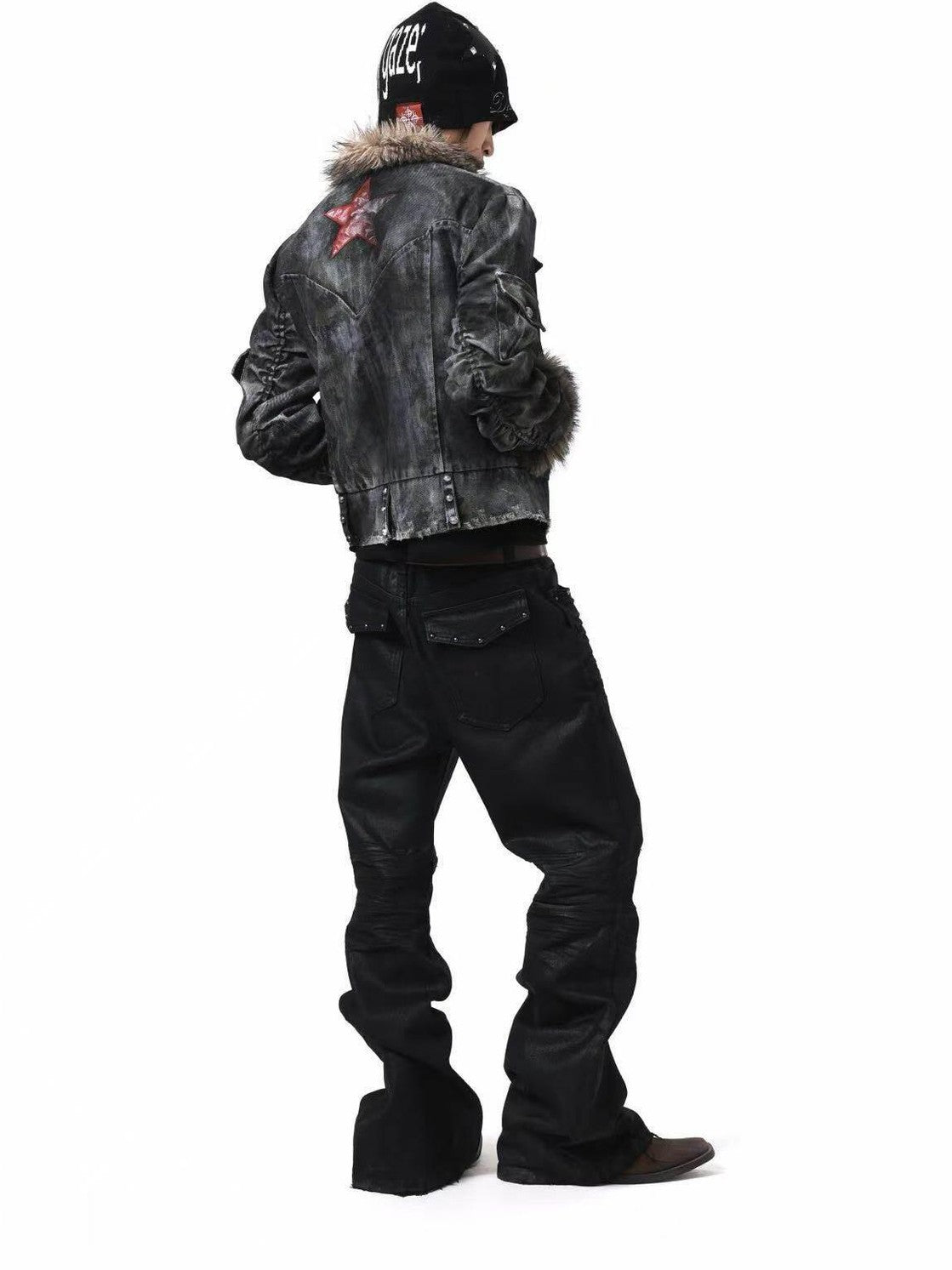 DETW onLine Frosted Camo Distressed Studded Fur Collar Women&