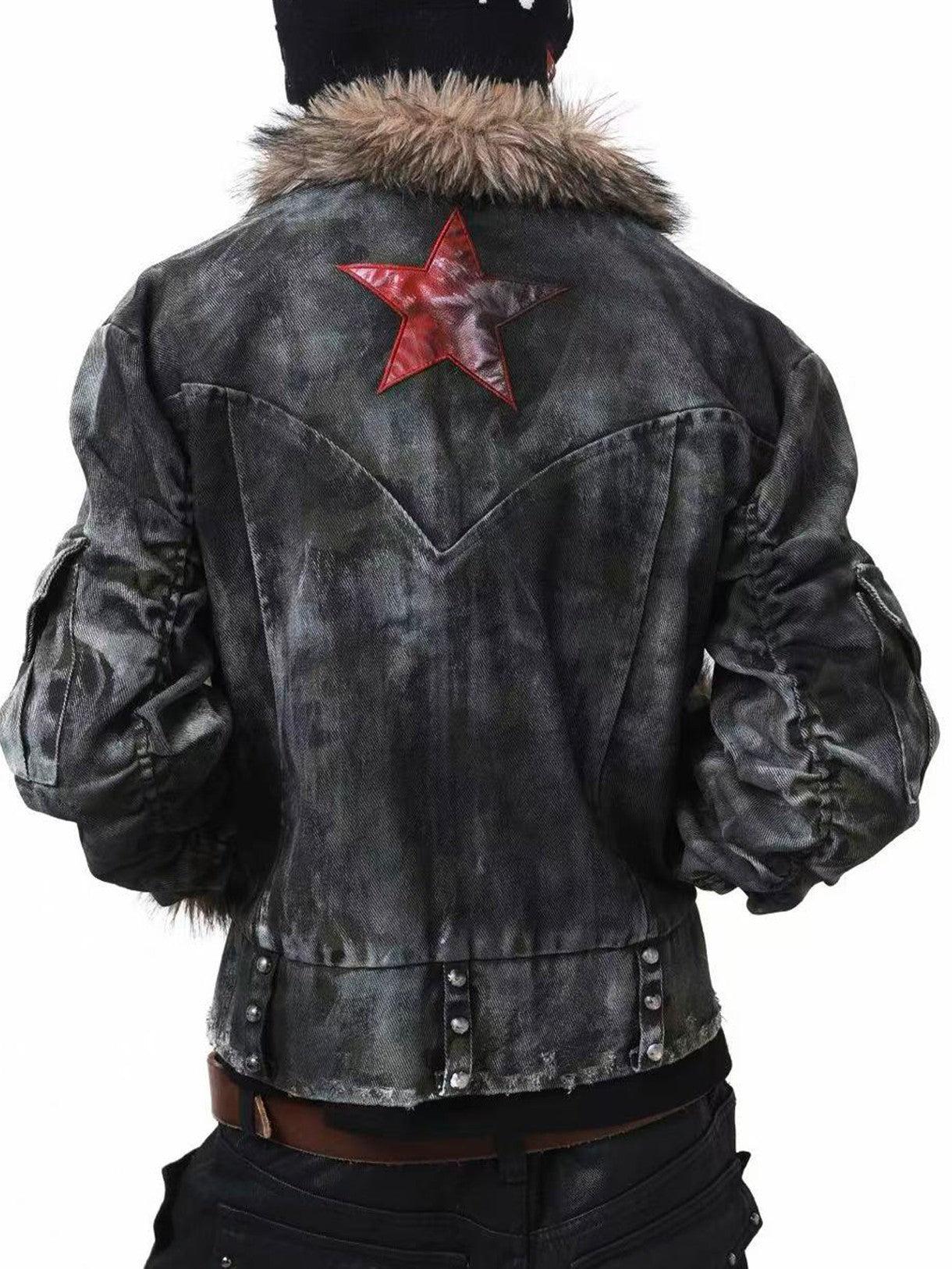 DETW onLine Frosted Camo Distressed Studded Fur Collar Women&