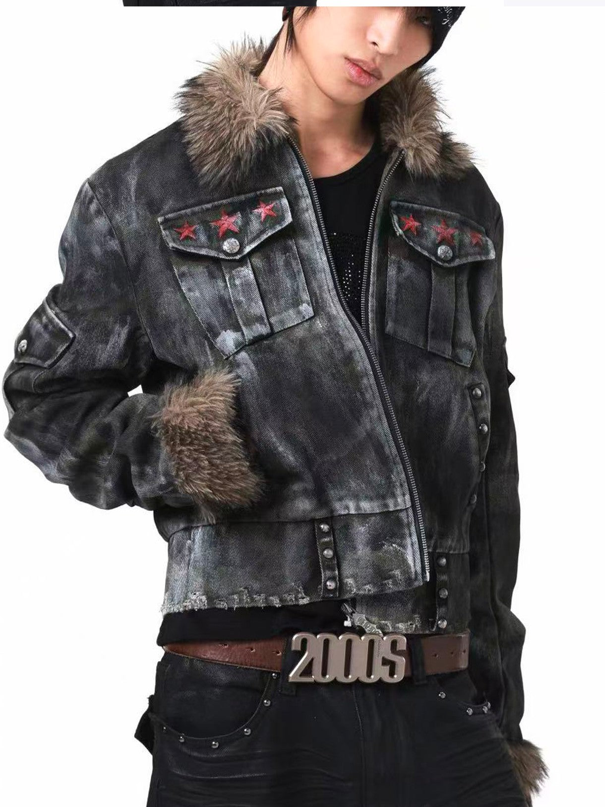 DETW onLine Frosted Camo Distressed Studded Fur Collar Women&