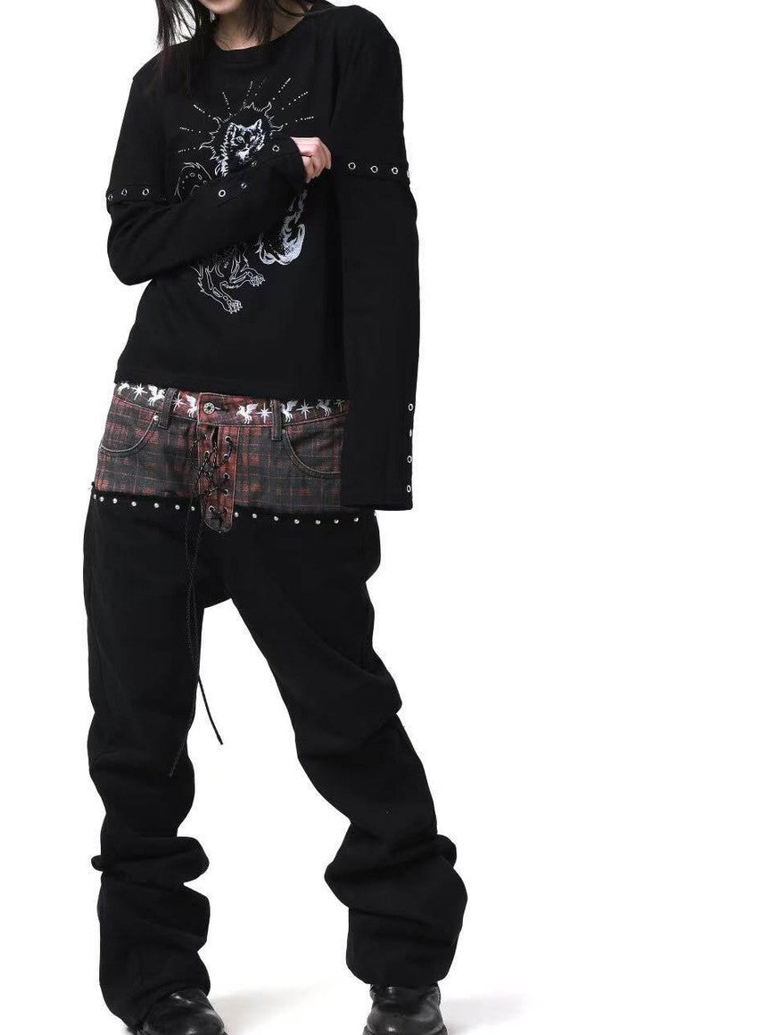 DETW onLine Gemini Cat Print Metal Stud Fake Layer Women&