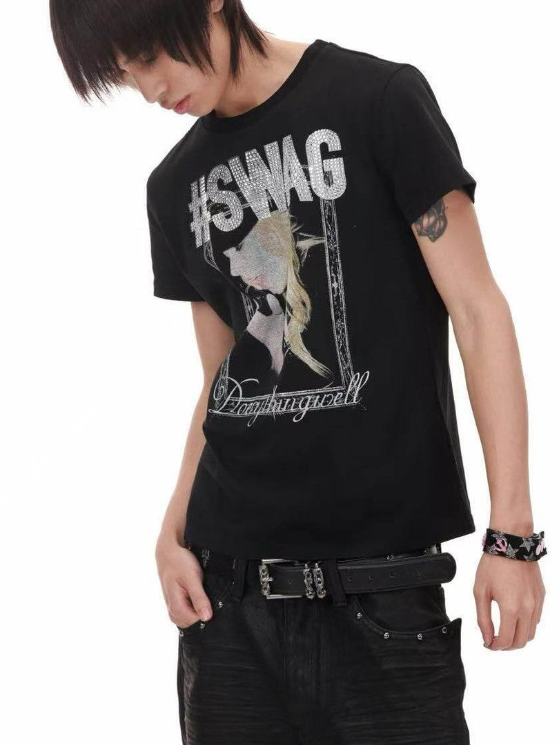 DETW onLine Girl Portrait Print Placement Rhinestone Women&