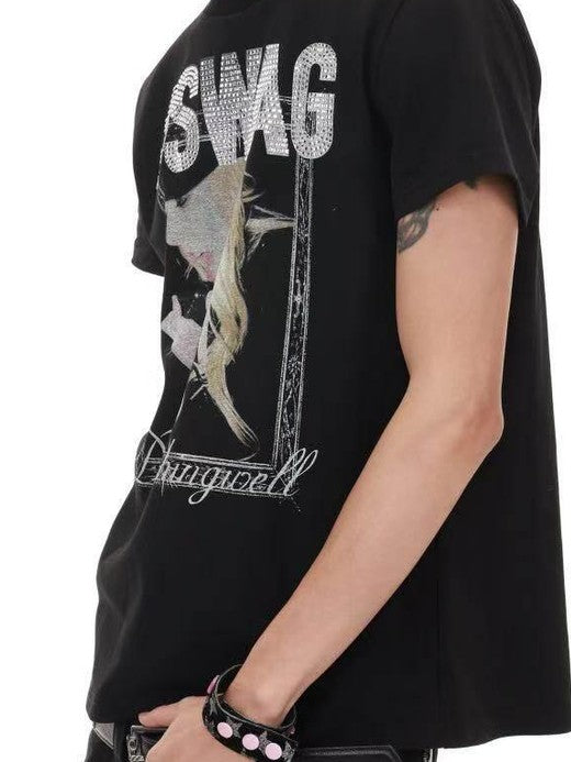 DETW onLine Girl Portrait Print Placement Rhinestone Women&