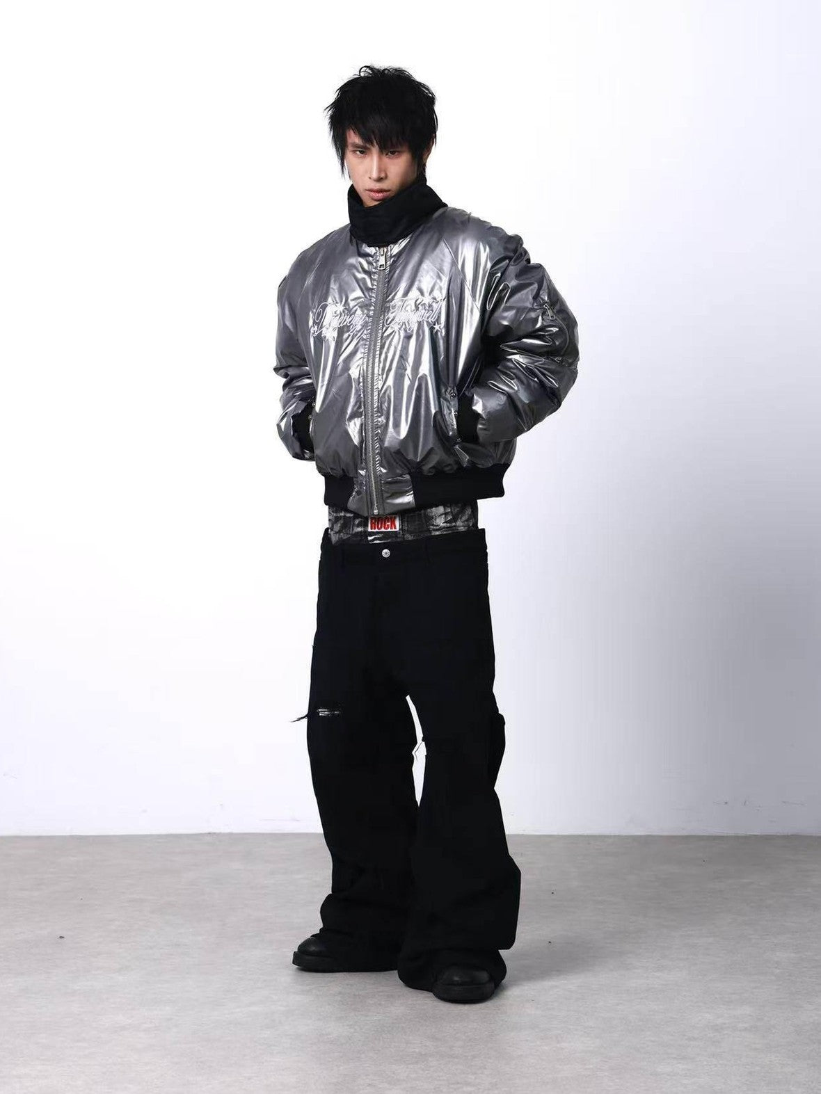 DETW onLine Metallic Pleated Rivet Embroidered Bomber Women&