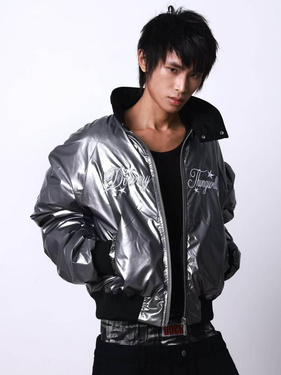 DETW onLine Metallic Pleated Rivet Embroidered Bomber Women&
