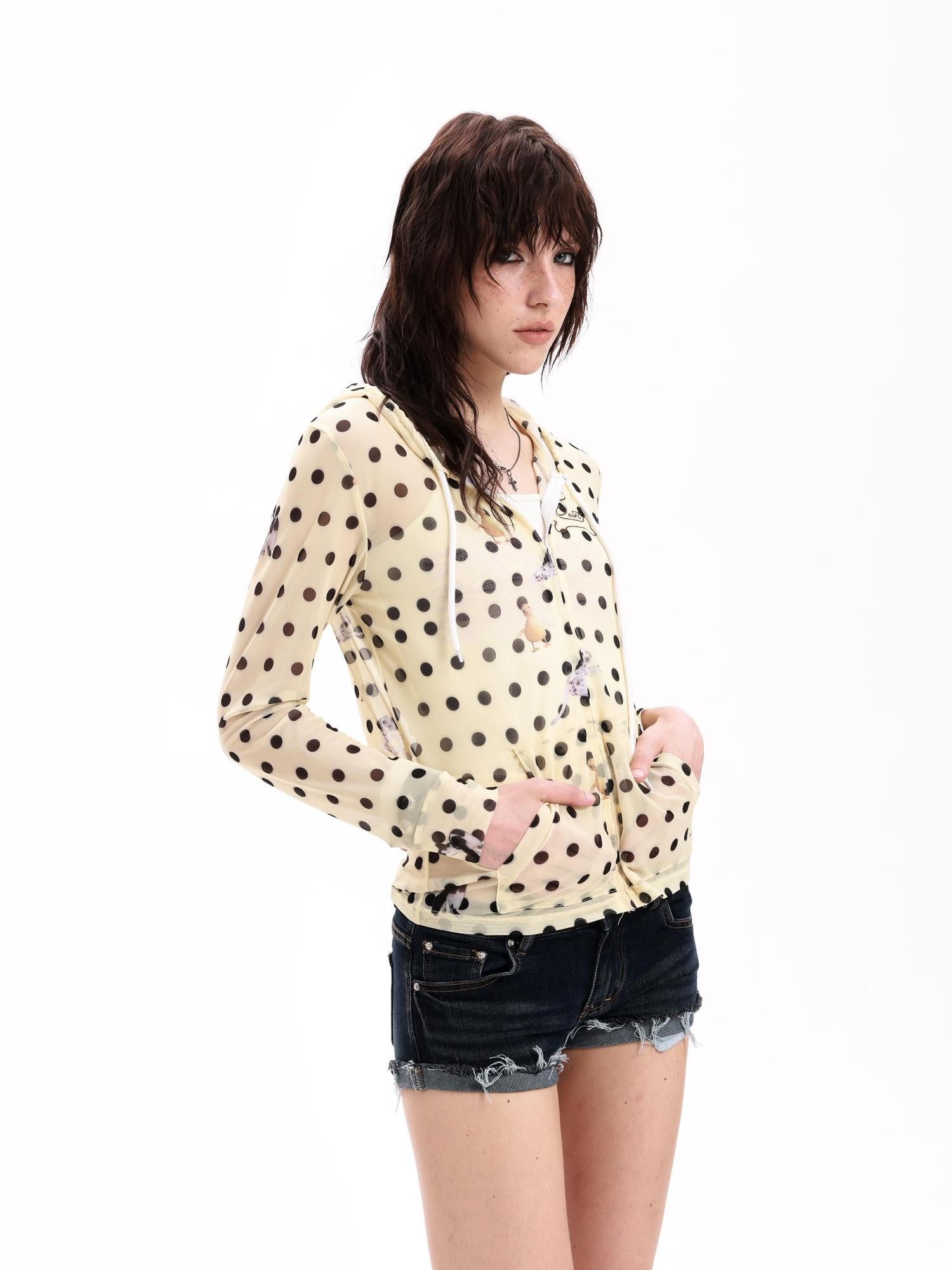 DETW onLine Polka Dot Embroidered Animal Hooded Zip Waist Women&