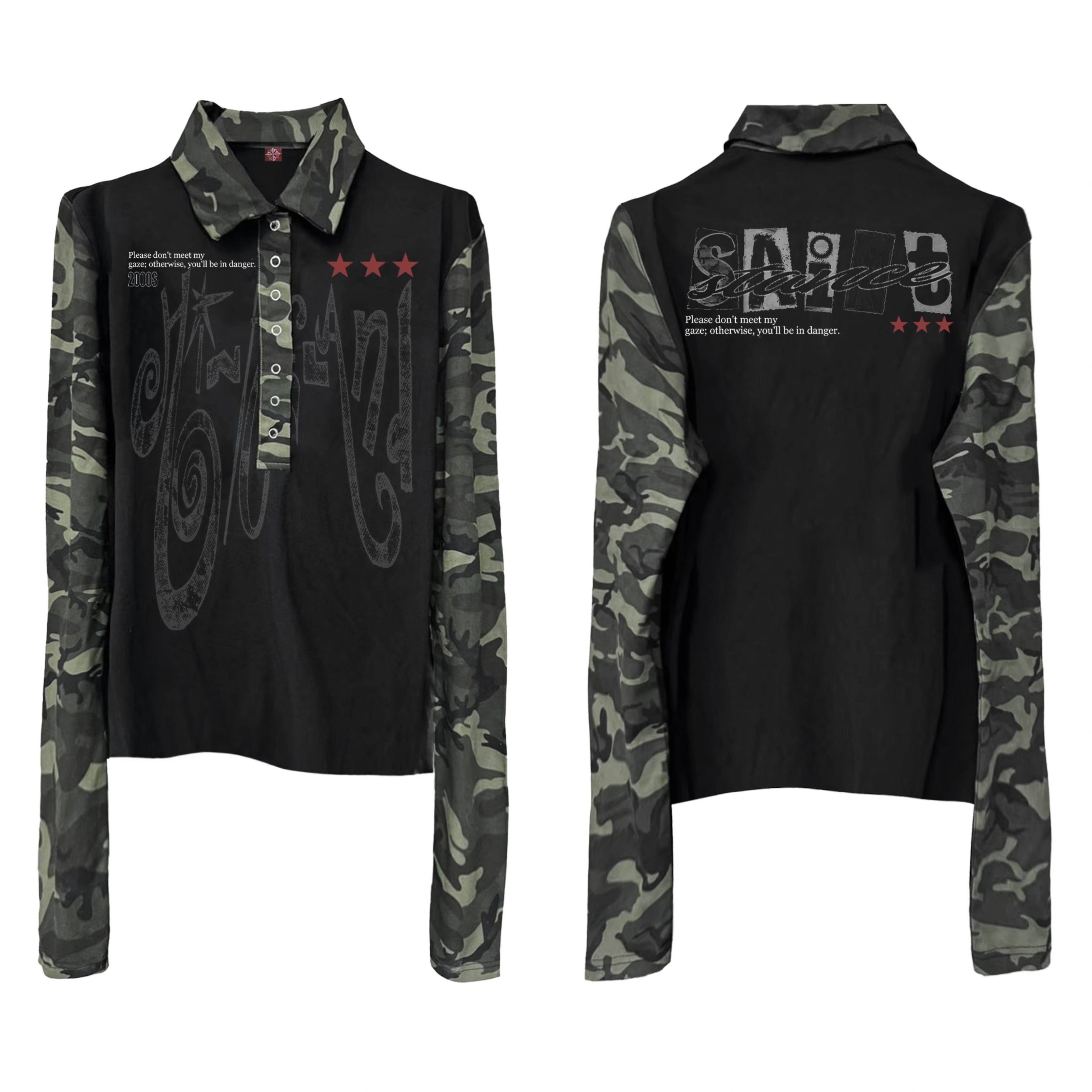 DETW_onLine_Red_Star_Camo_Spliced_Punk_Polo_Collar_Women&
