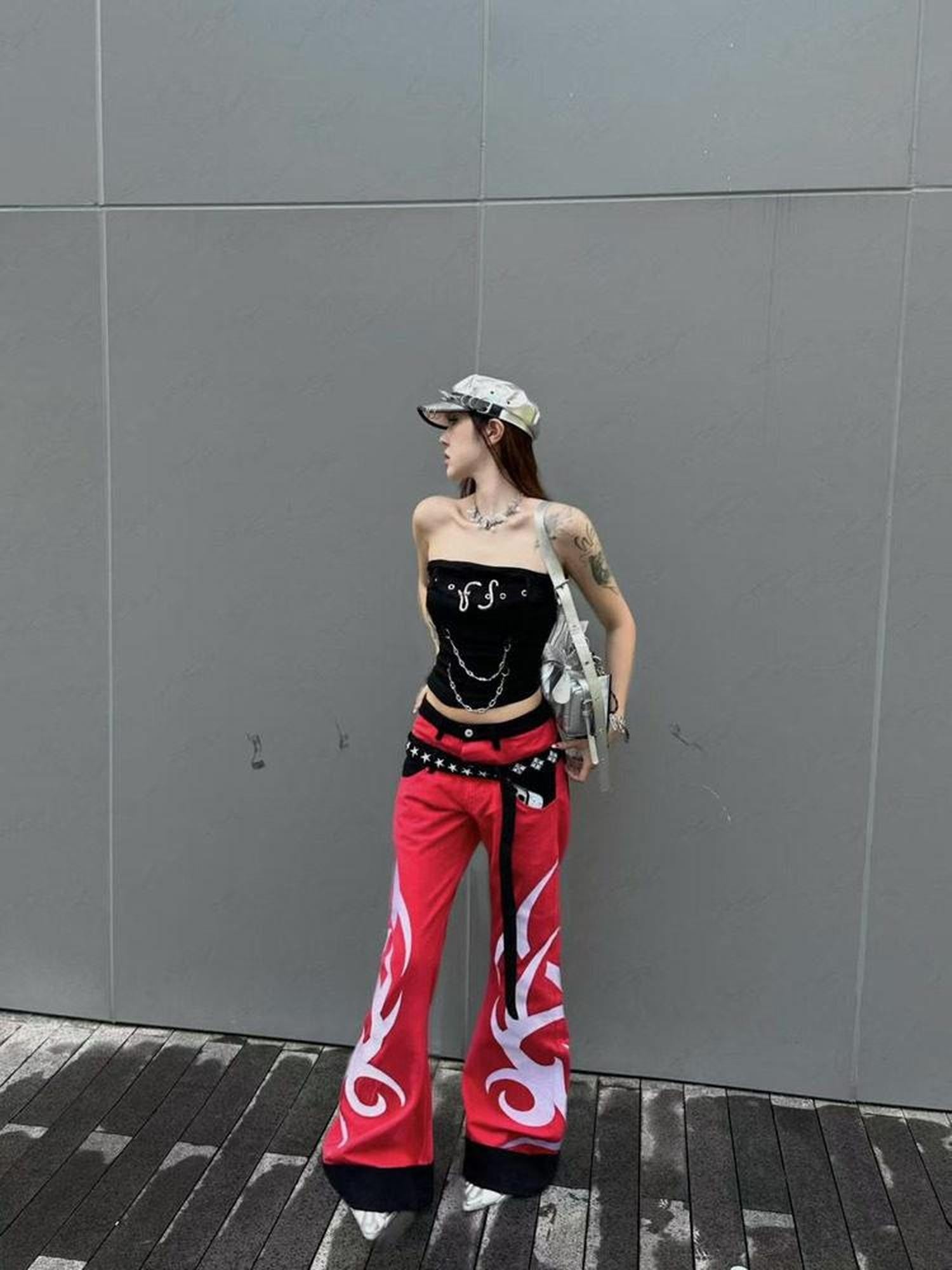 DETW onLine Red Totem Embroidered Ribbon Deconstructed Double Waist Women&