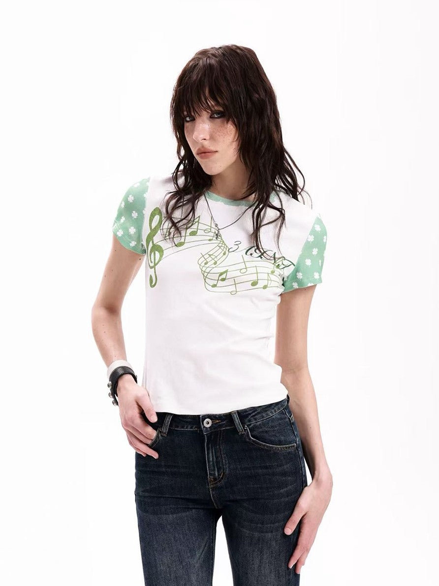 DETW onLine Rhinestone Music Note Clover Print Spliced Women&