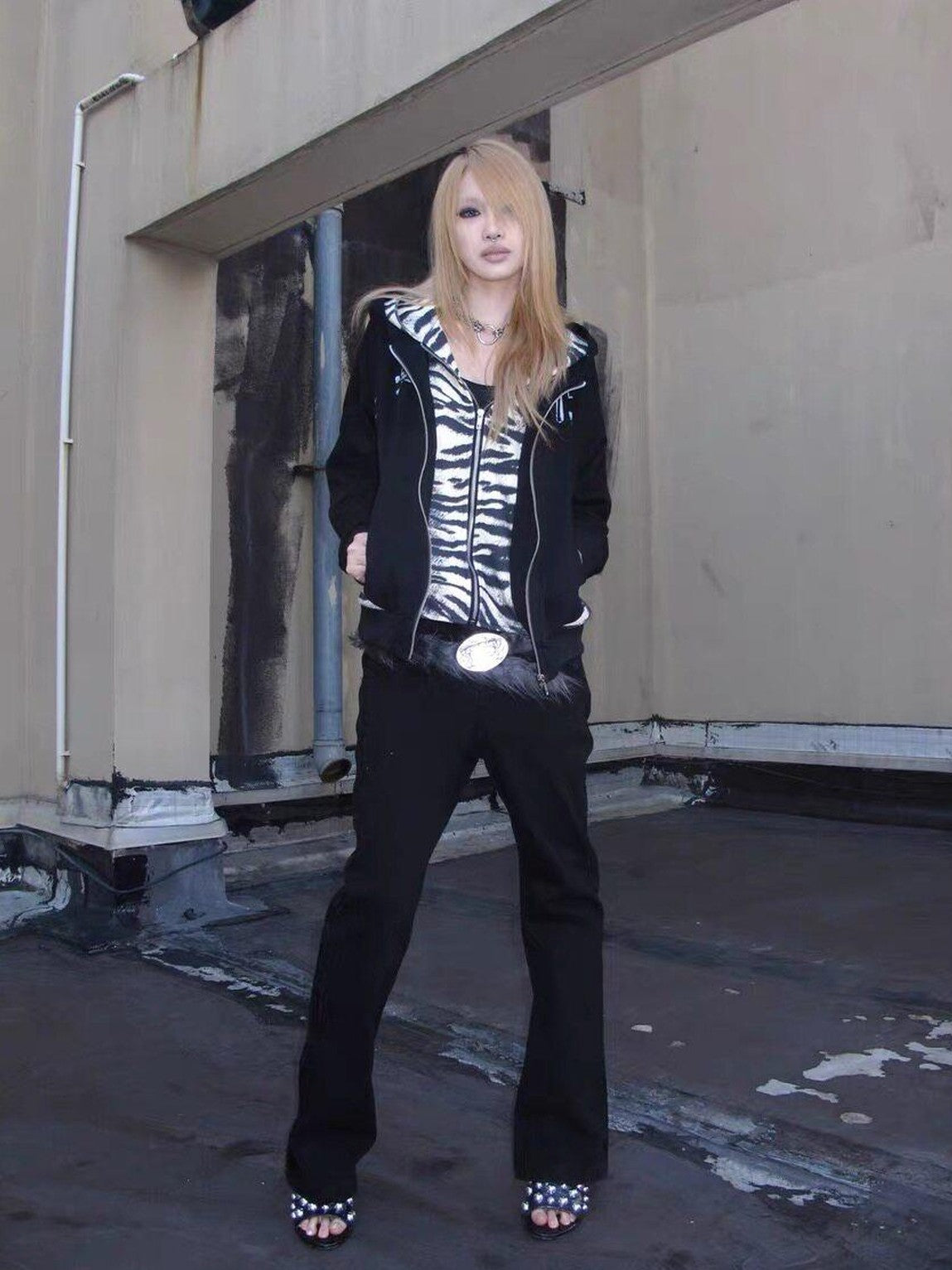 DETW onLine Tiger Print Skull Metal Button Double Layer Women&