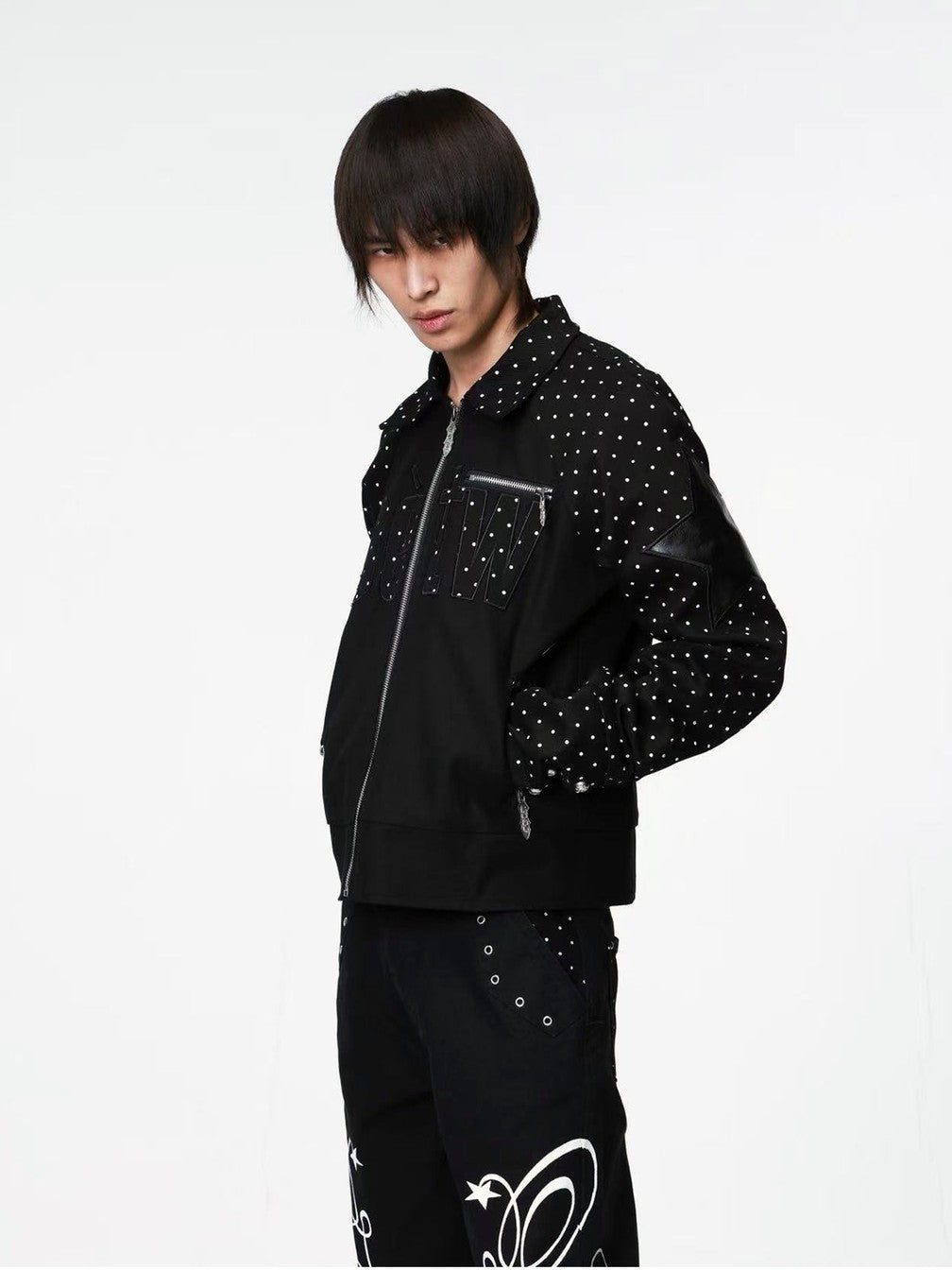 DETW onLine Vintage Polka Dot Spliced 3d Applique Lapel Zip Women&