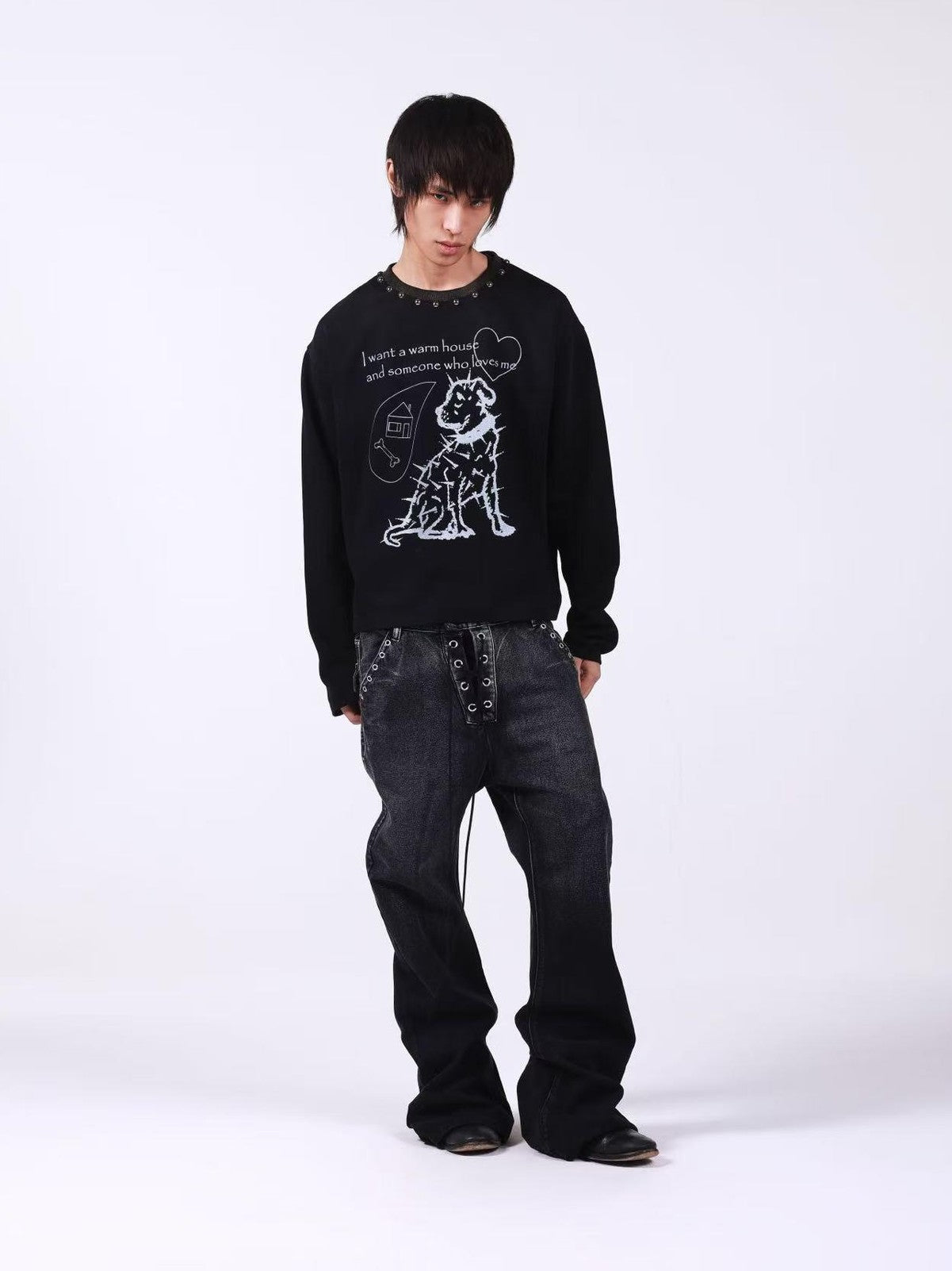 DETW onLine Washed Black Studded Slogan Print Women&