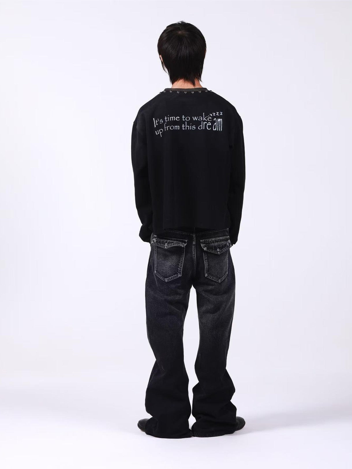 DETW onLine Washed Black Studded Slogan Print Women&