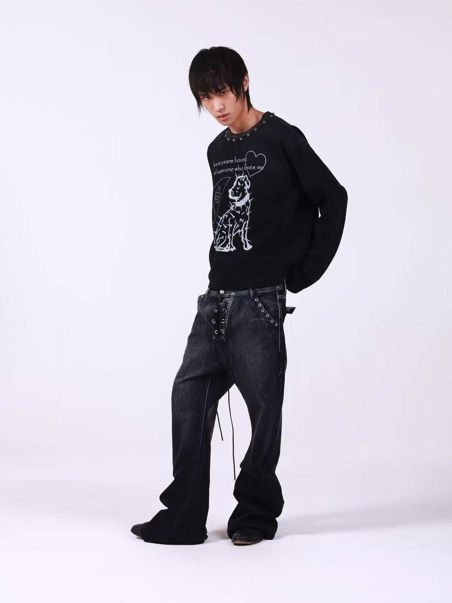 DETW onLine Washed Black Studded Slogan Print Women&