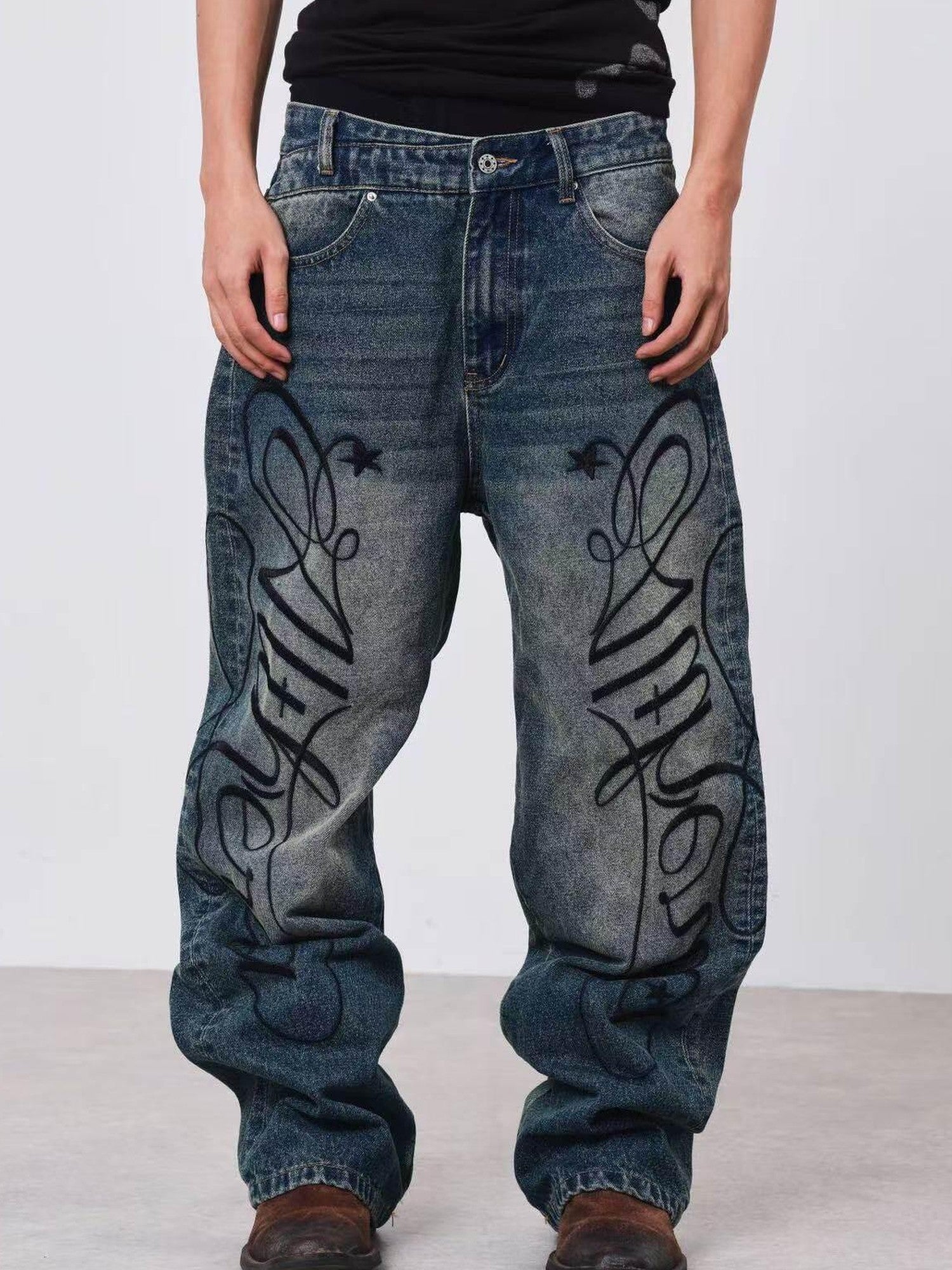 DETW onLine Washed Blue Embroidered Letter Print Baggy Women&
