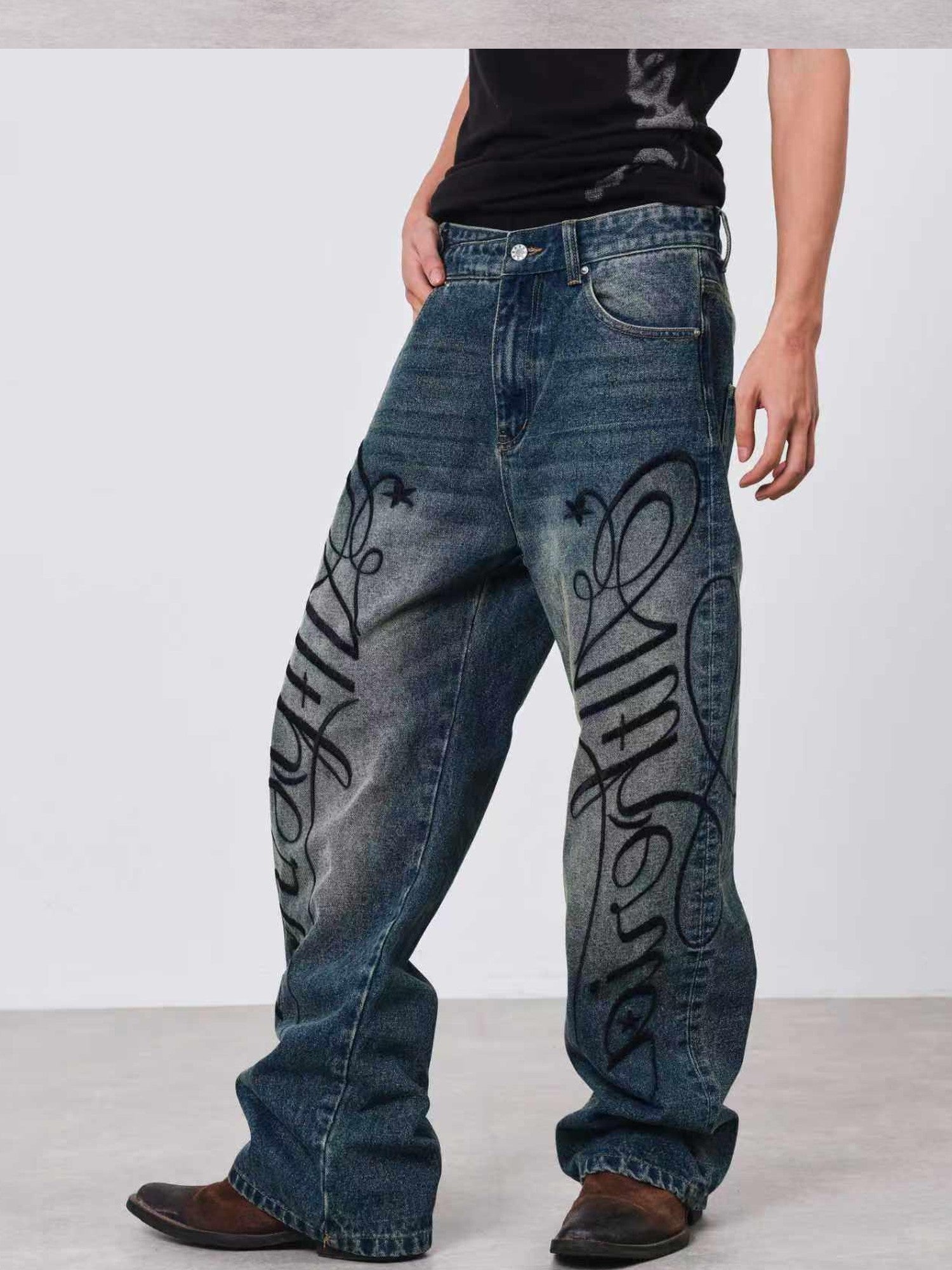 DETW onLine Washed Blue Embroidered Letter Print Baggy Women&