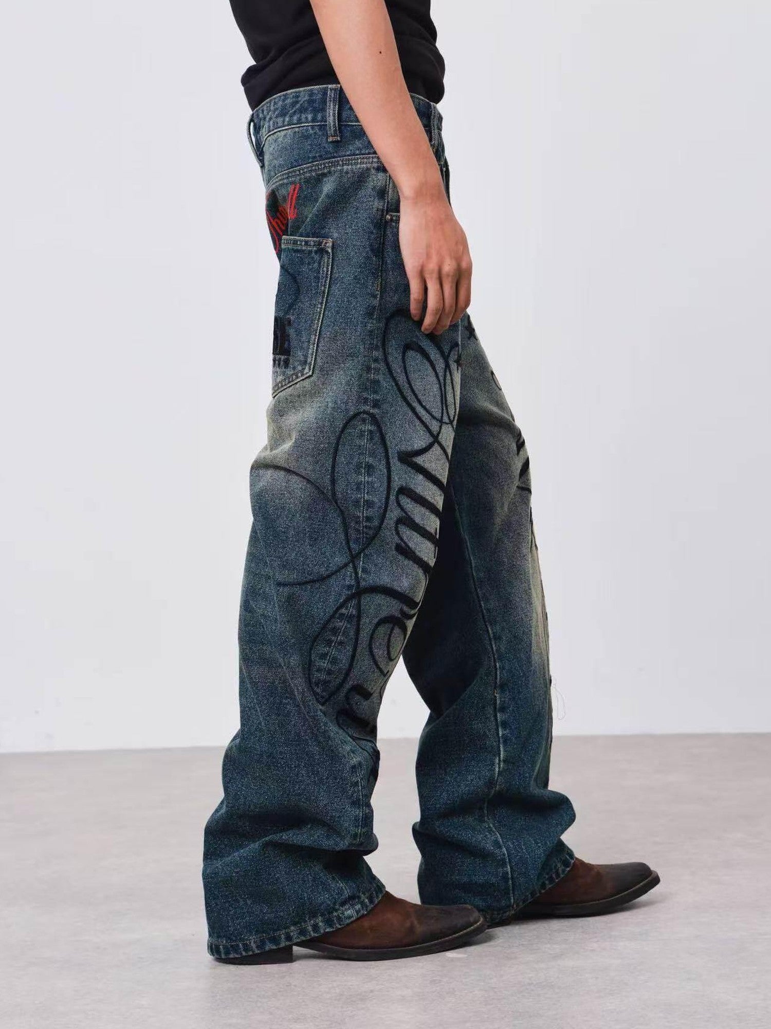 DETW onLine Washed Blue Embroidered Letter Print Baggy Women&