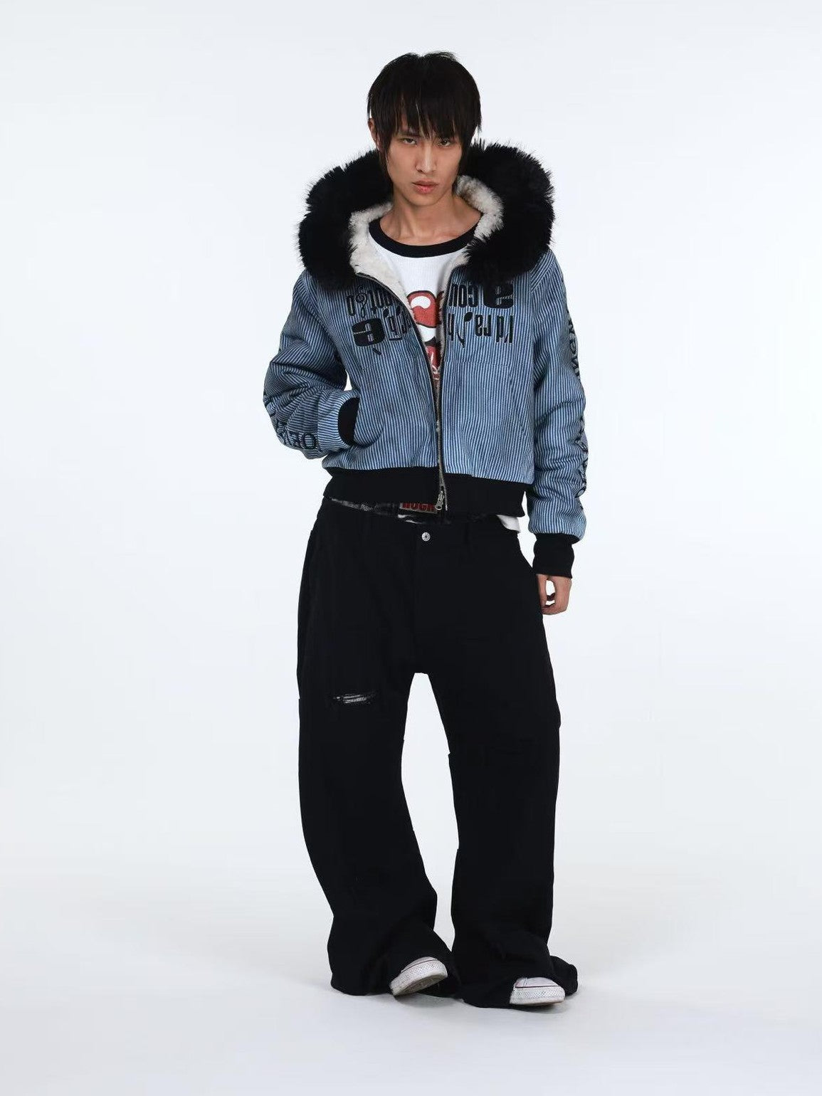 DETW onLine Washed Distressed Striped Embroidered Hooded Women&