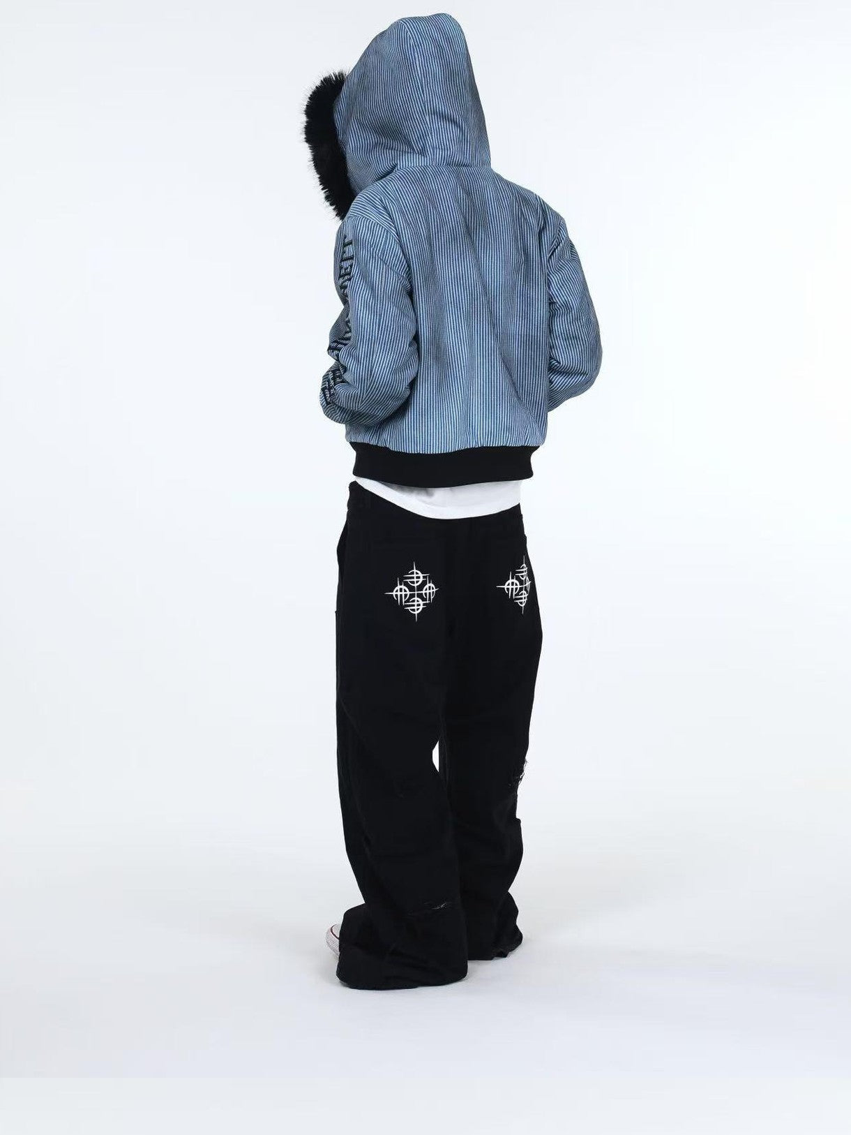 DETW onLine Washed Distressed Striped Embroidered Hooded Women&