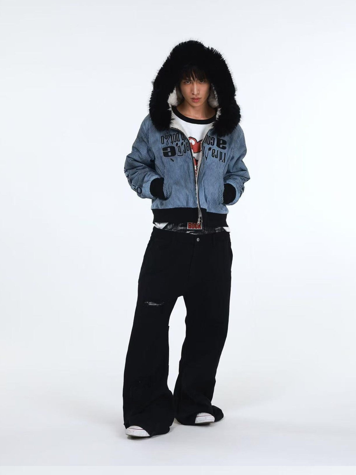 DETW onLine Washed Distressed Striped Embroidered Hooded Women&