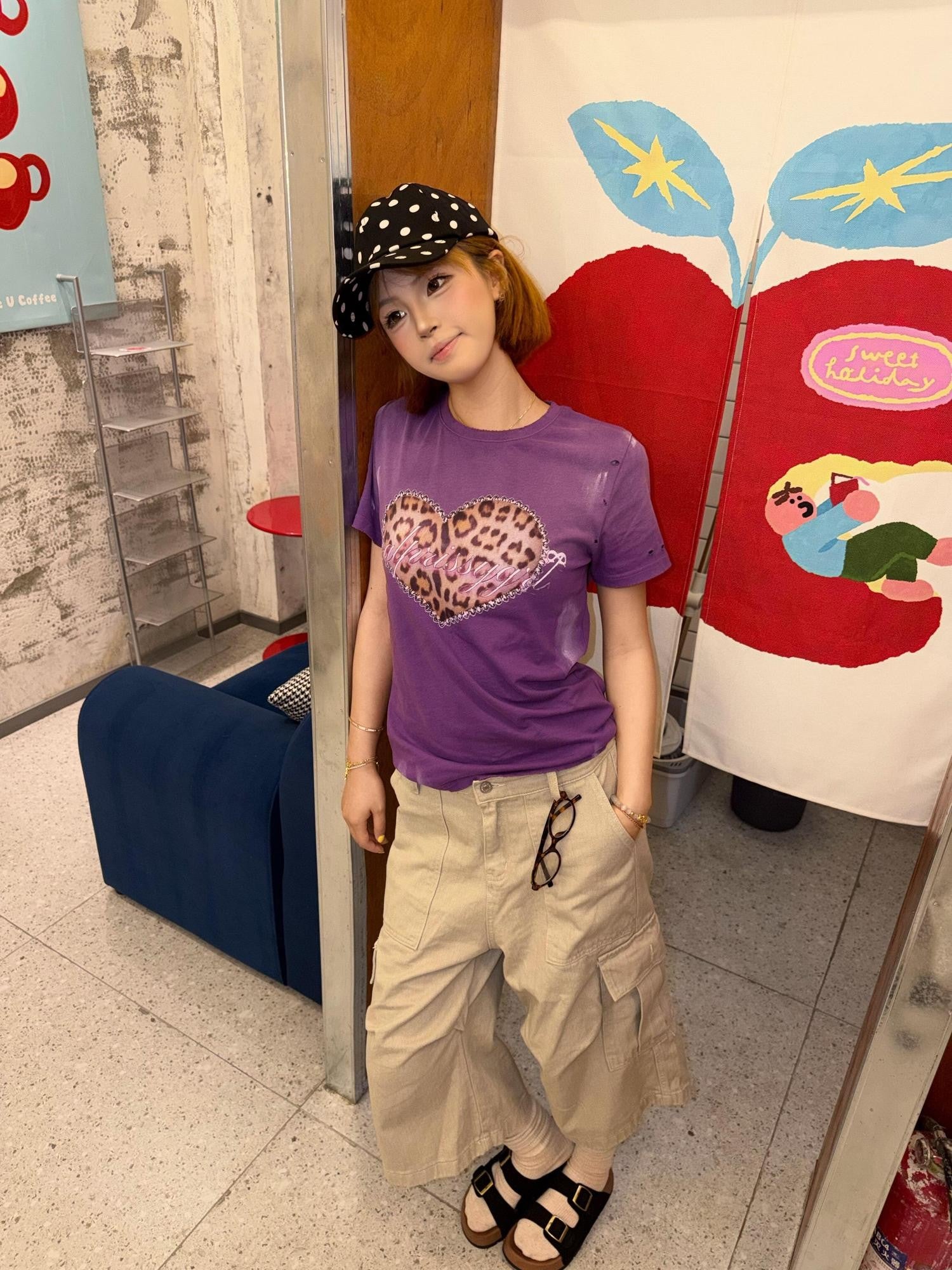 DETW onLine Washed Purple Leopard Heart Print Distressed Women&