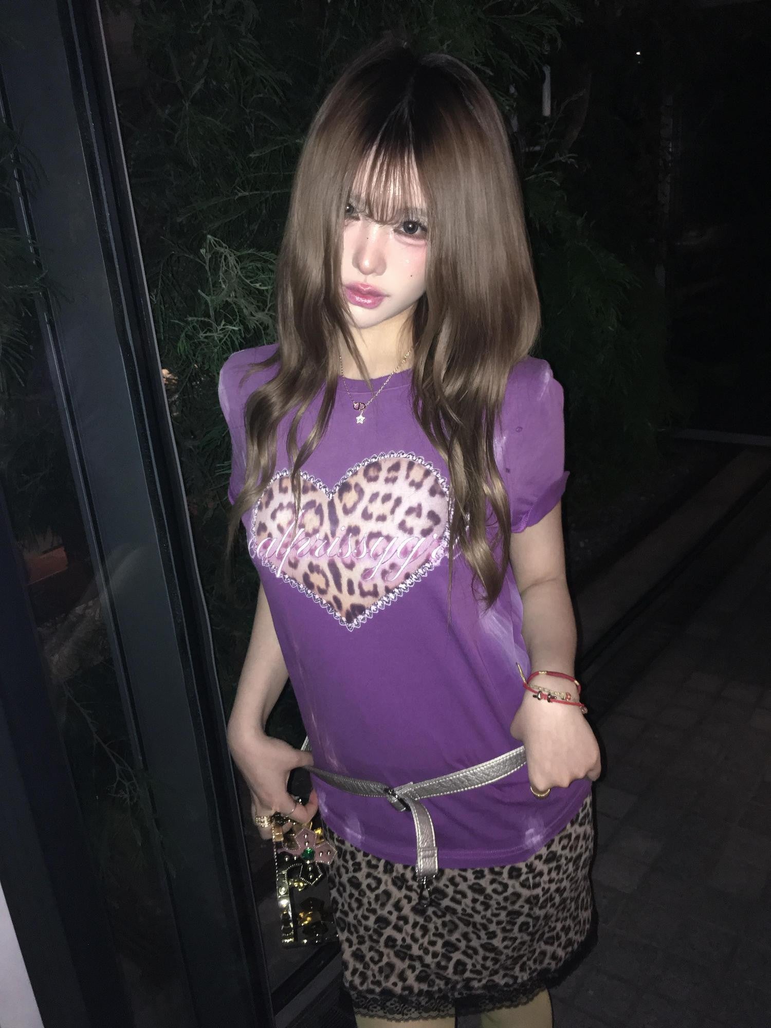 DETW onLine Washed Purple Leopard Heart Print Distressed Women&