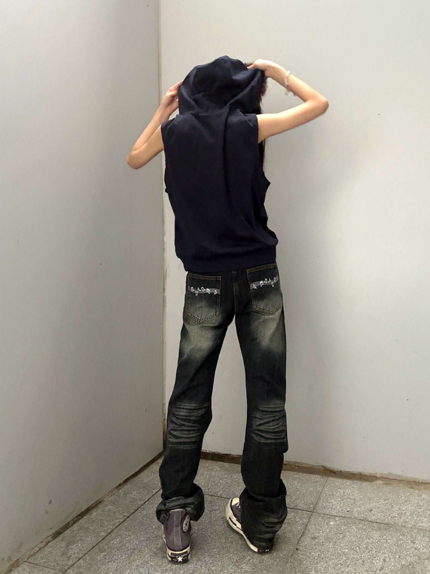DETW onLine Washed Vintage Blue Slogan Lettering Embroidered Women&